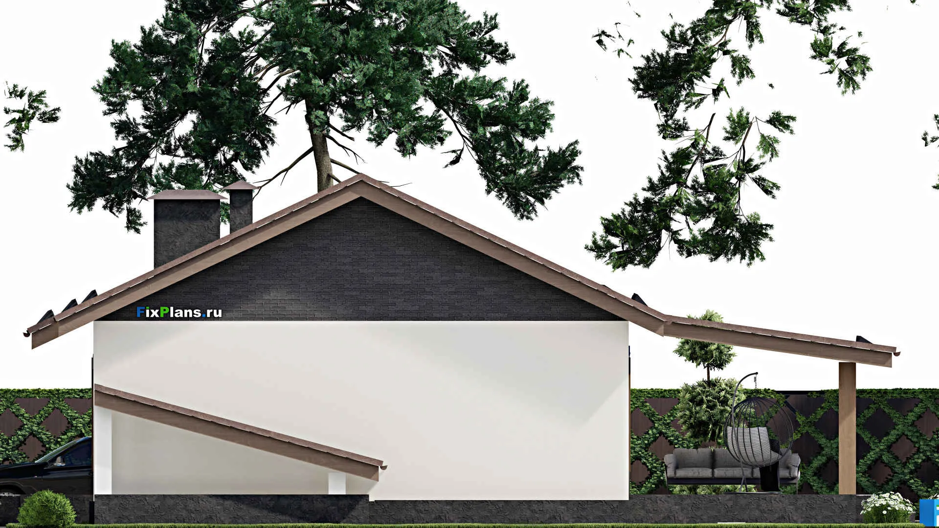 F-4103 - Проект одноэтажного дома 10 на 13, площадью 160 м² с террасой, цокольным этажом и 3 спальнями