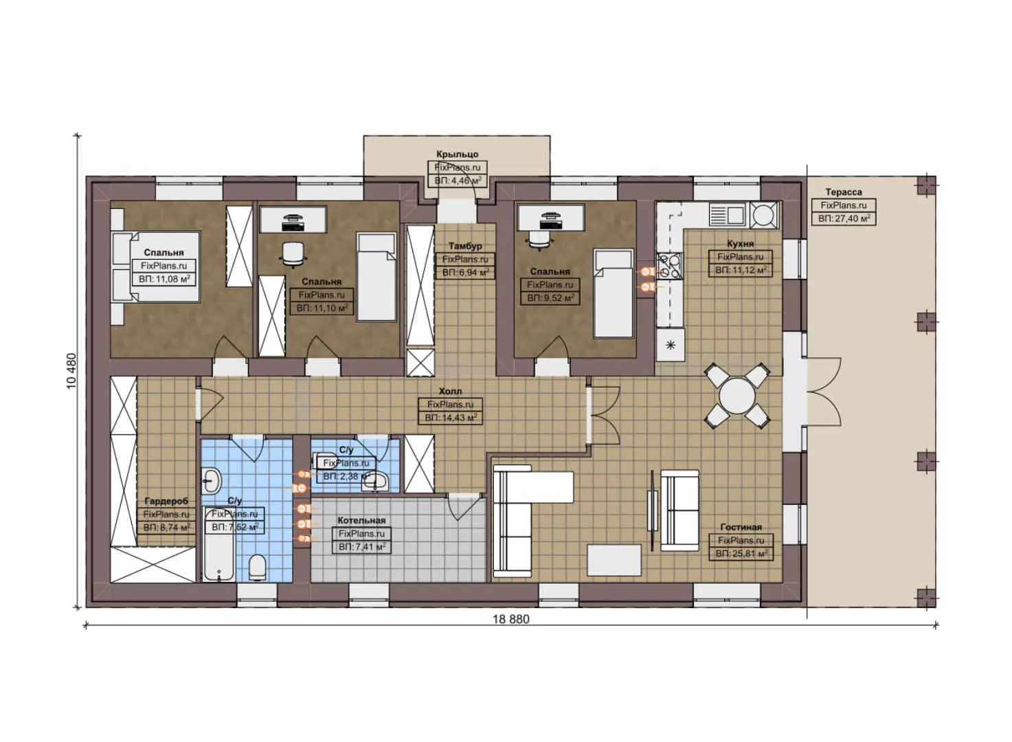 F-6767 - План одноэтажного дома 11 на 19, площадью 150 м² с террасой и 3 спальнями