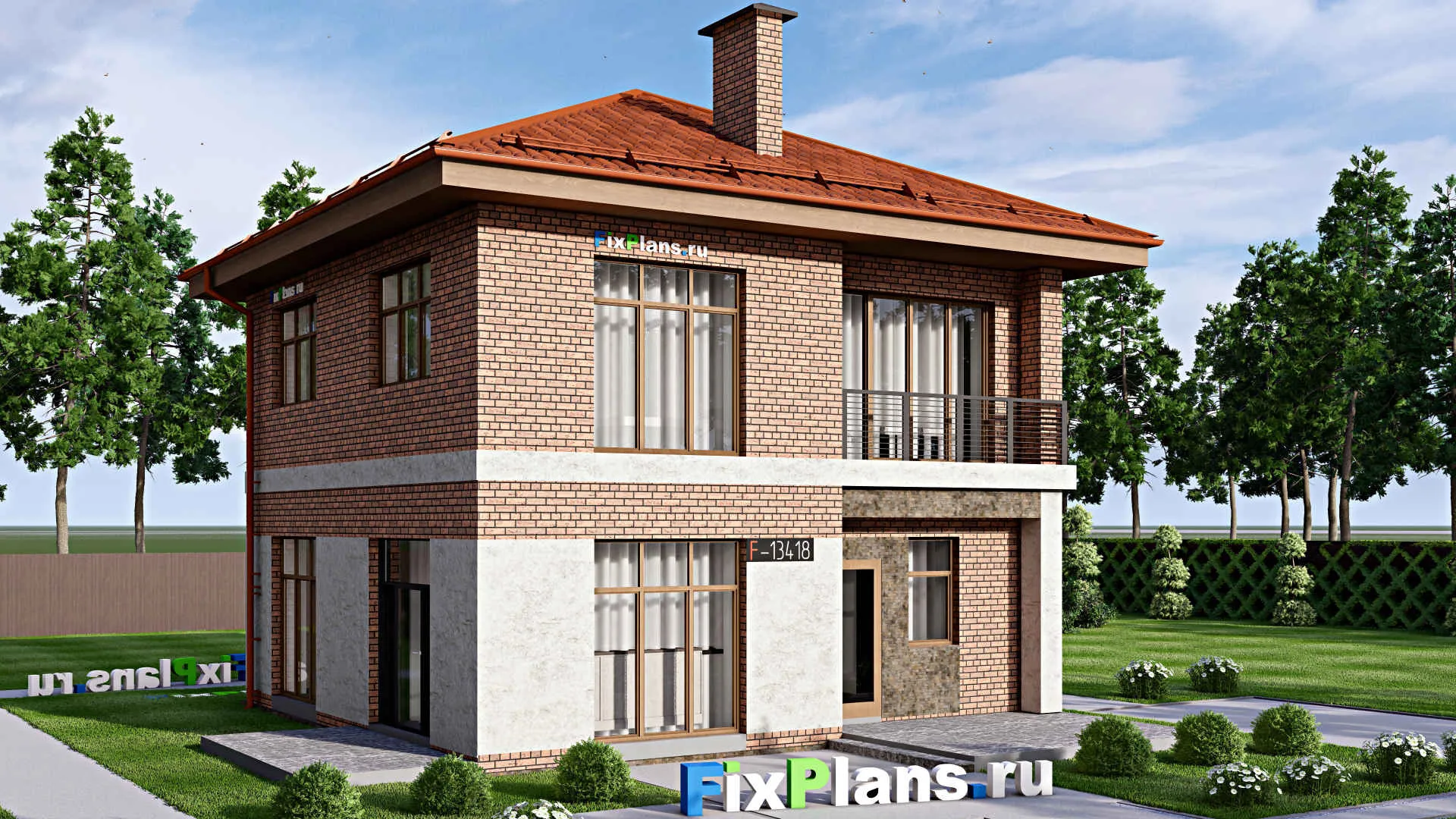 F-13418 - Проект двухэтажного дома 12 на 12, площадью 140 м² с террасой, балконом и 4 спальнями