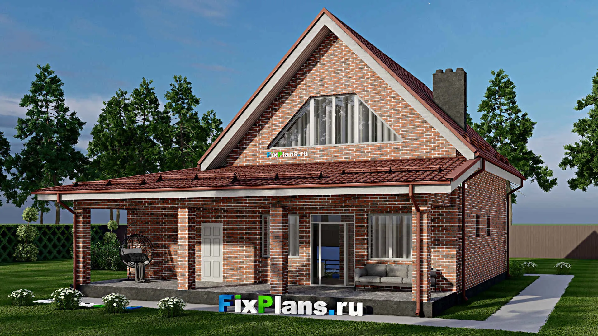 F-3032 - Проект дома с мансардой 13 на 15, площадью 210 м² с террасой, гаражом на 2 машины и 3 спальнями