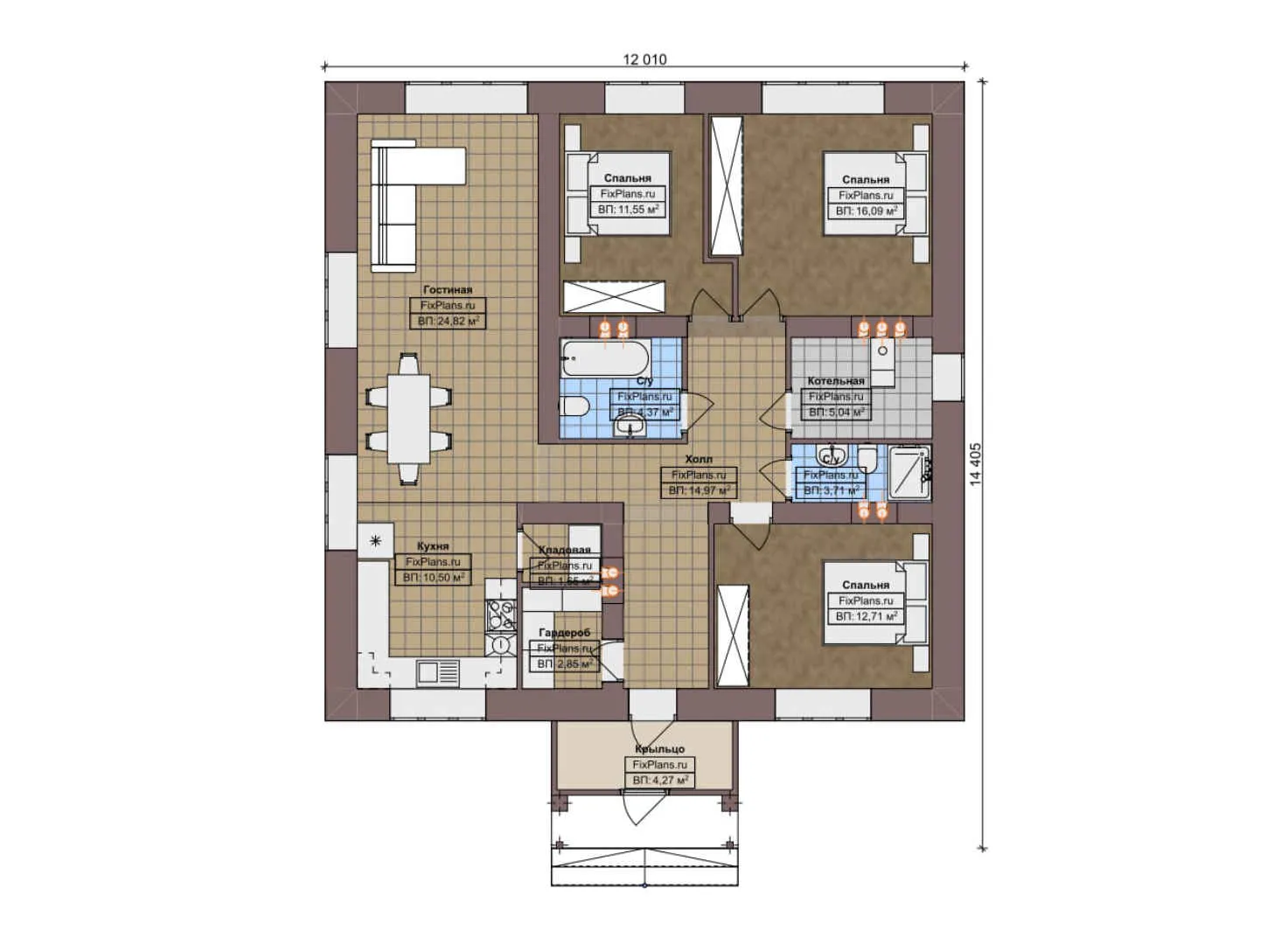 F-7523 - План одноэтажного дома 13 на 15, площадью 120 м² с 3 спальнями