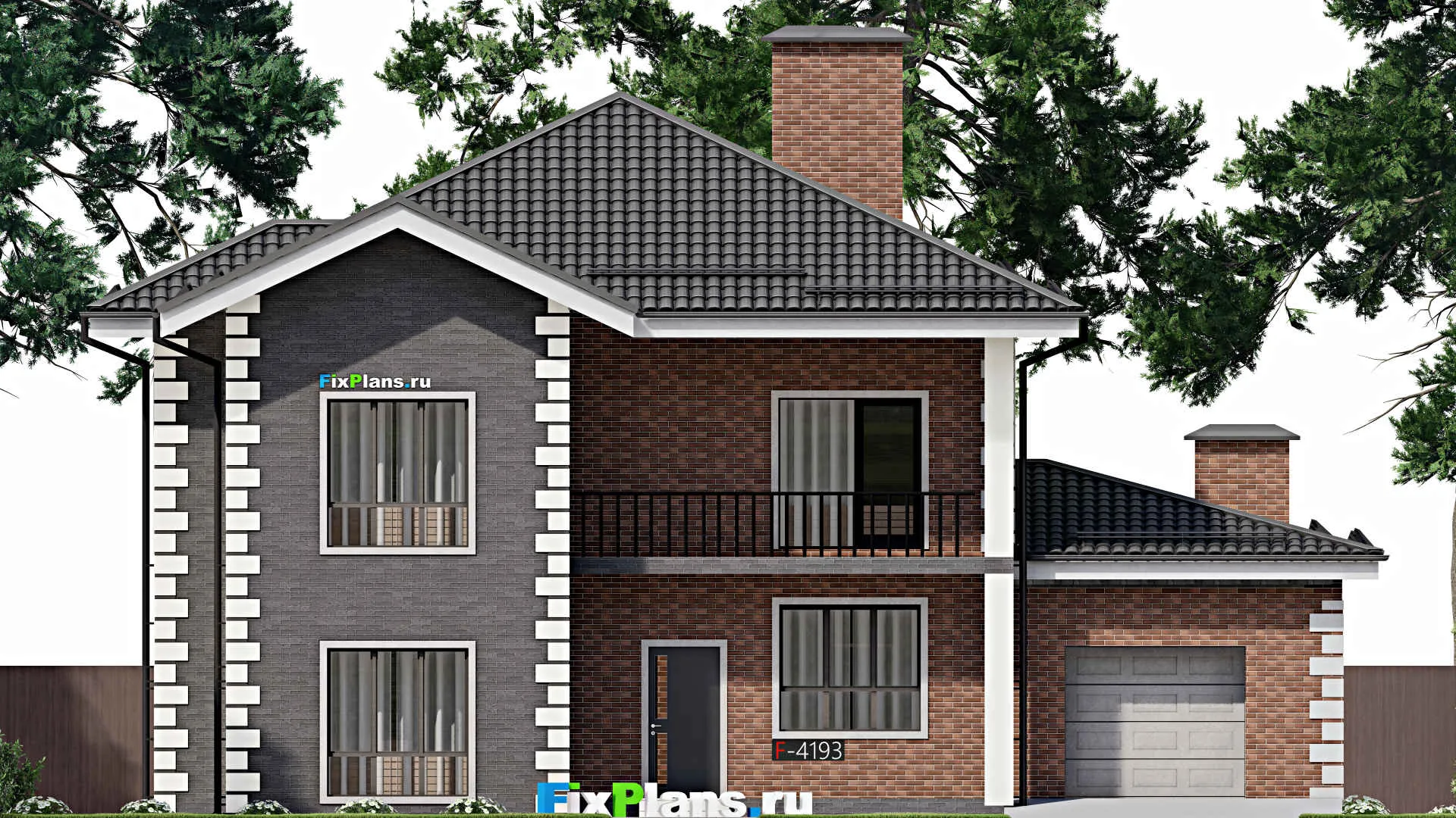 F-4193 - Планы двухэтажного дома 14 на 17, площадью 280 м² с террасой, балконом, гаражом на 1 машину и 4 спальнями