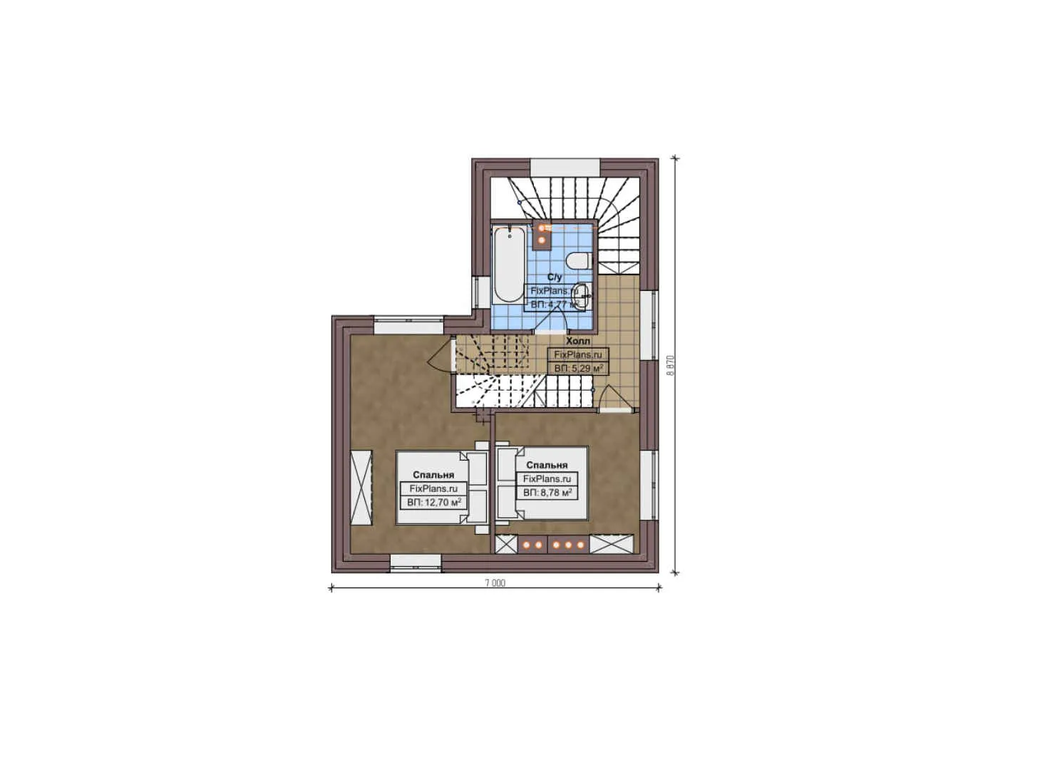 F-7910 - Планы двухэтажного дома 9 на 10, площадью 70 м² с 2 спальнями