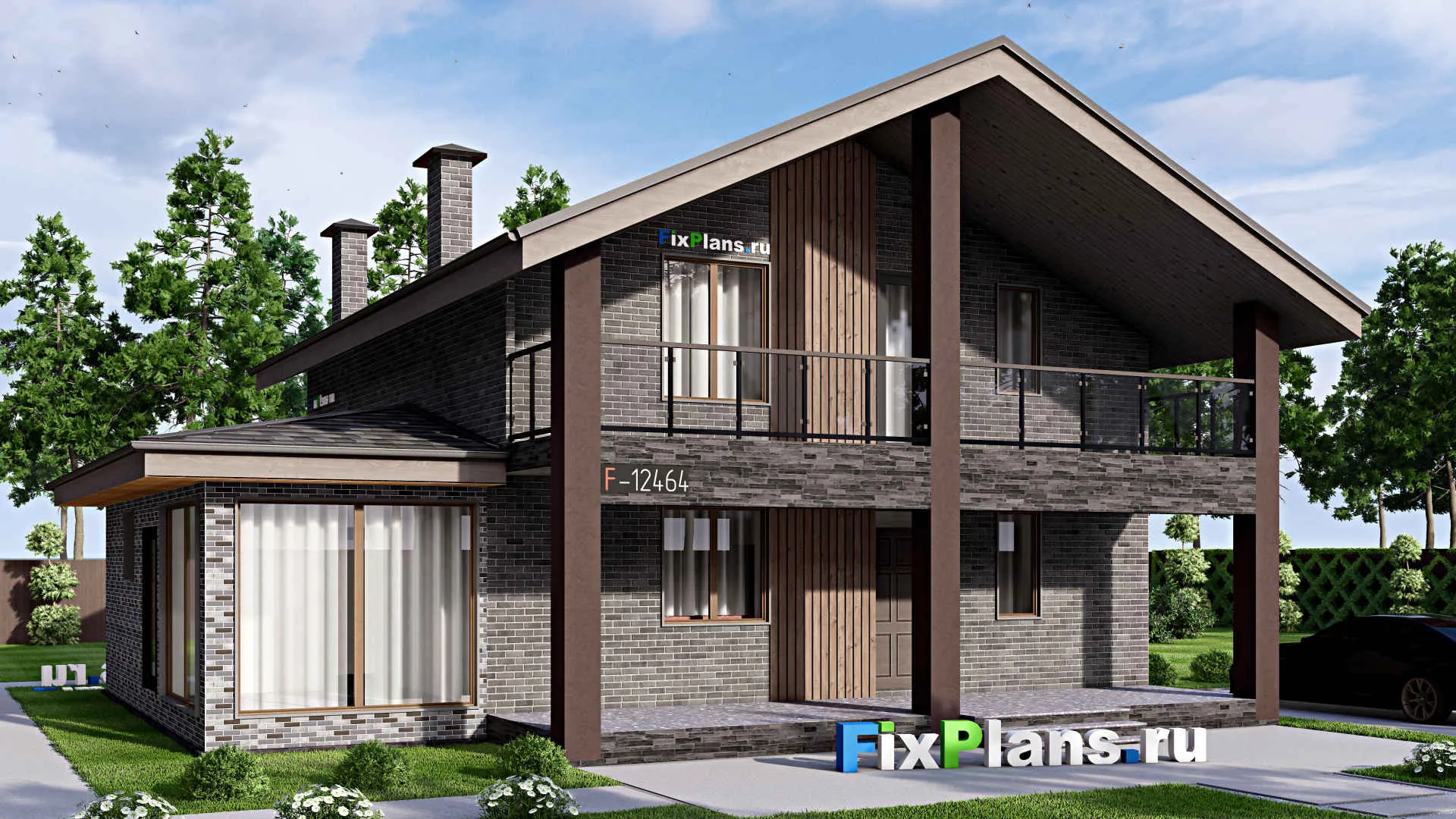 F-12464 - Проект дома с мансардой 12 на 13, площадью 210 м² с балконом, баней и 3 спальнями