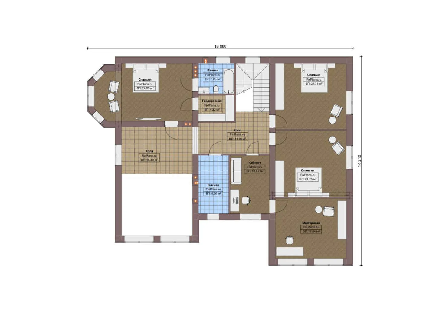 F-20240 - Планы двухэтажного дома 19 на 20, площадью 360 м² с террасой, гаражом на 2 машины и 3 спальнями