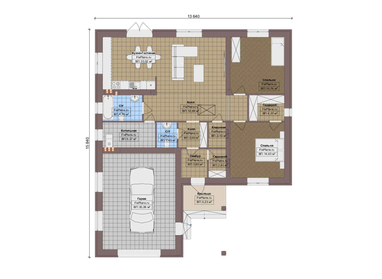 F-18242 - План одноэтажного дома 14 на 16, площадью 150 м² с гаражом на 2 машины и 2 спальнями
