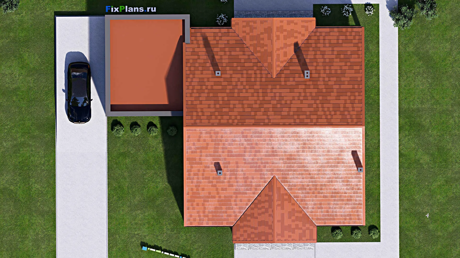 F-16685 - Проект одноэтажного дома 19 на 21, площадью 260 м² с террасой, гаражом на 2 машины и 3 спальнями