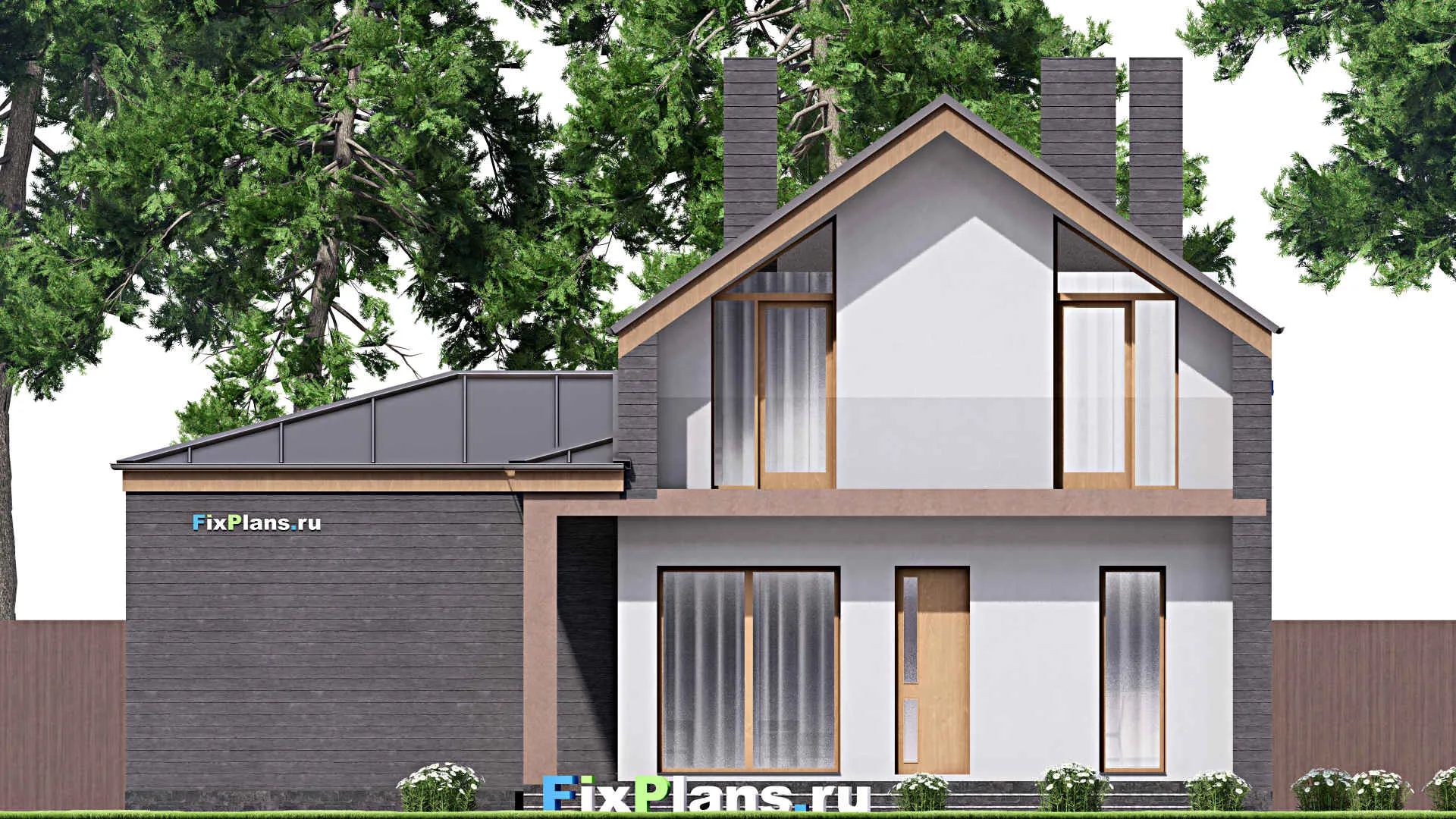 F-16208 - Проект дома с мансардой 13 на 14, площадью 180 м² с балконом, гаражом на 1 машину и 3 спальнями