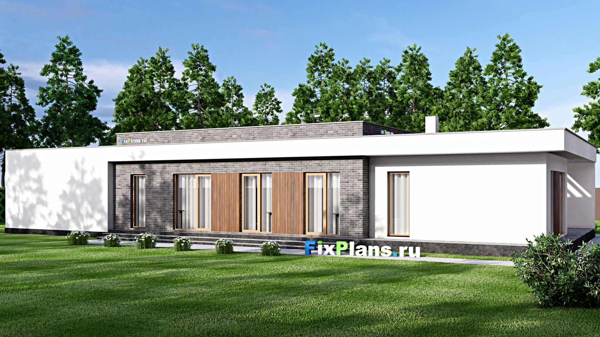 F-16649 - Проект одноэтажного дома 12 на 27, площадью 250 м² с террасой, гаражом на 2 машины и 3 спальнями