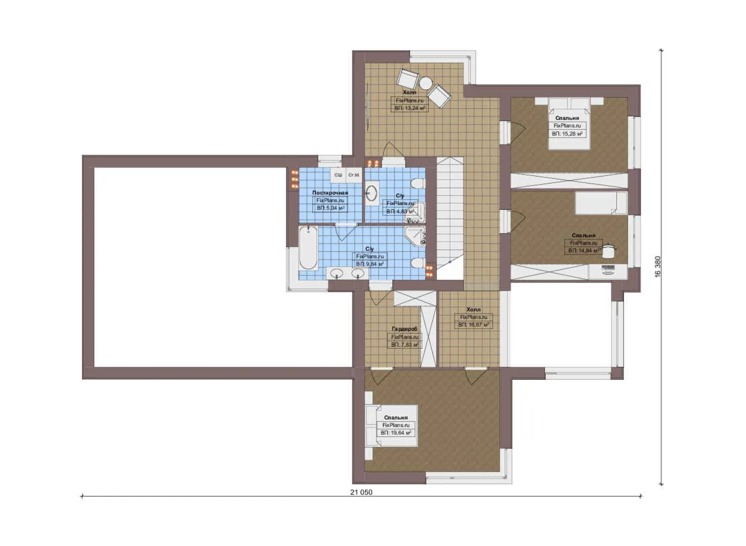 F-16658 - Планы двухэтажного дома 17 на 24, площадью 340 м² с террасой, гаражом на 2 машины и 3 спальнями