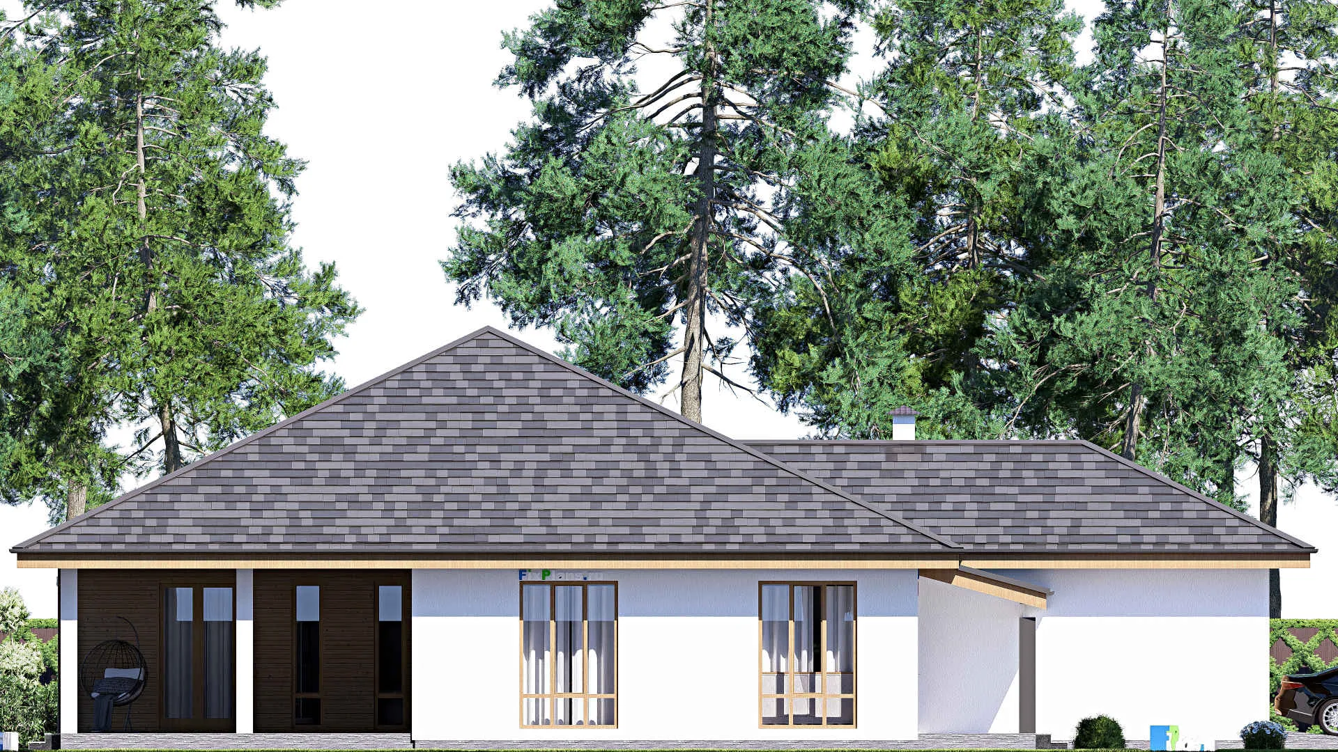 F-19250 - Проект одноэтажного дома 17 на 23, площадью 260 м² с террасой, гаражом на 2 машины и 4 спальнями