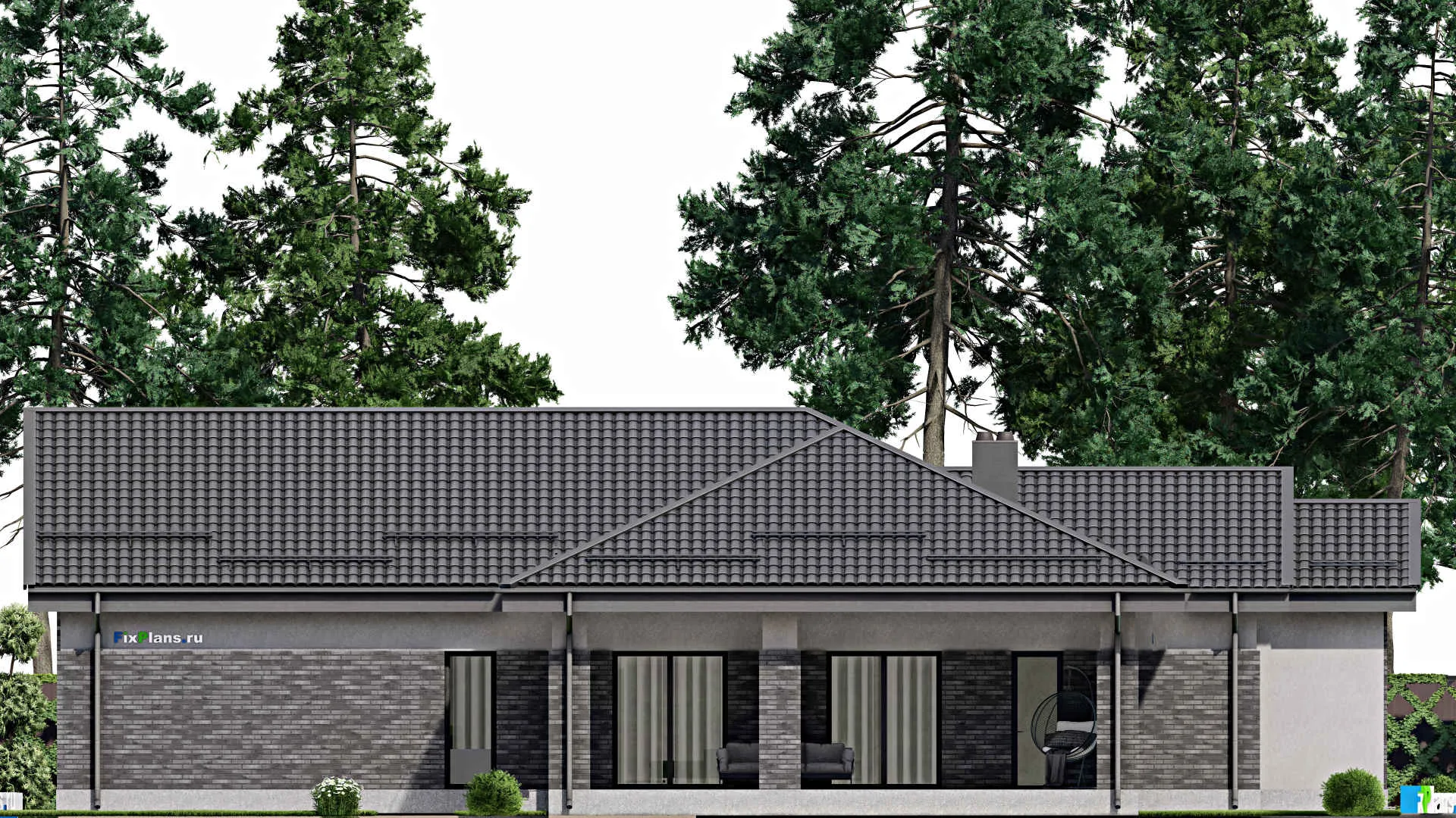 F-1997 - Проект одноэтажного дома 12 на 23, площадью 230 м² с террасой, гаражом на 2 машины и 3 спальнями