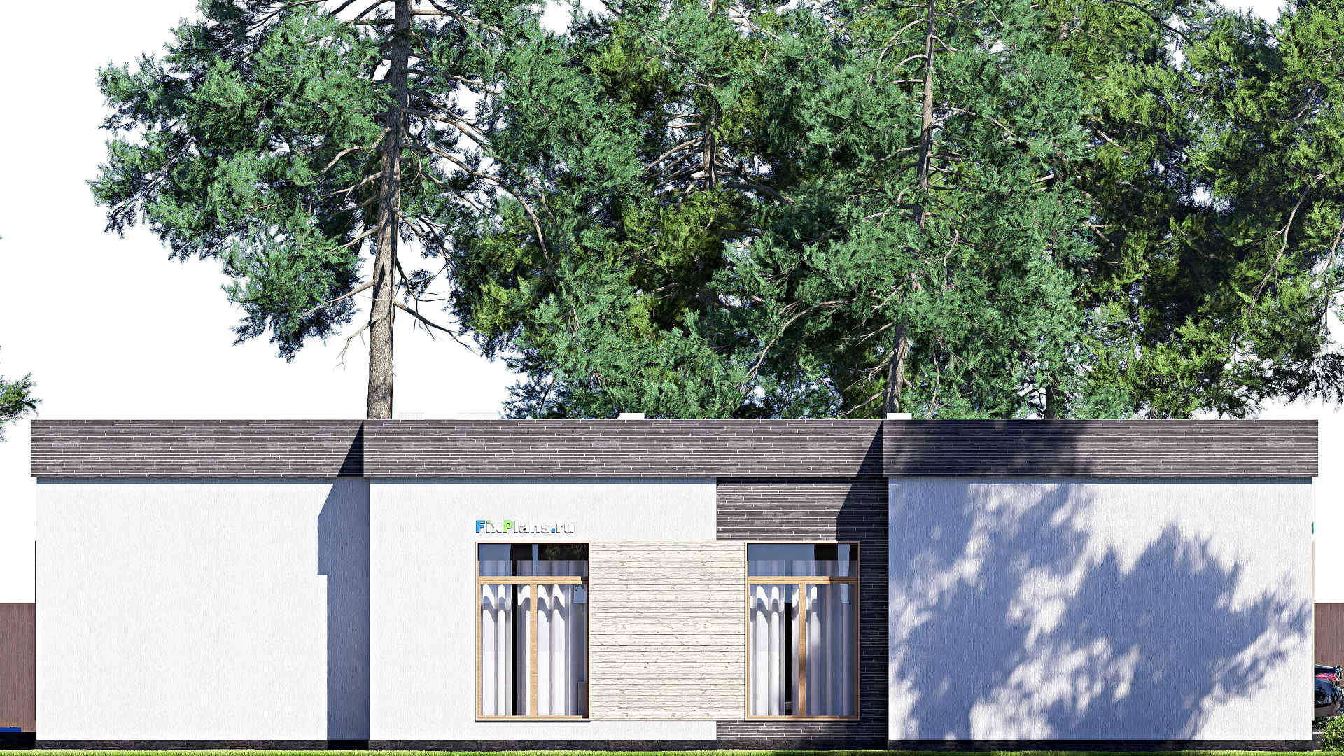 F-20114 - Проект одноэтажного дома 23 на 23, площадью 400 м² с террасой, гаражом на 2 машины и 3 спальнями