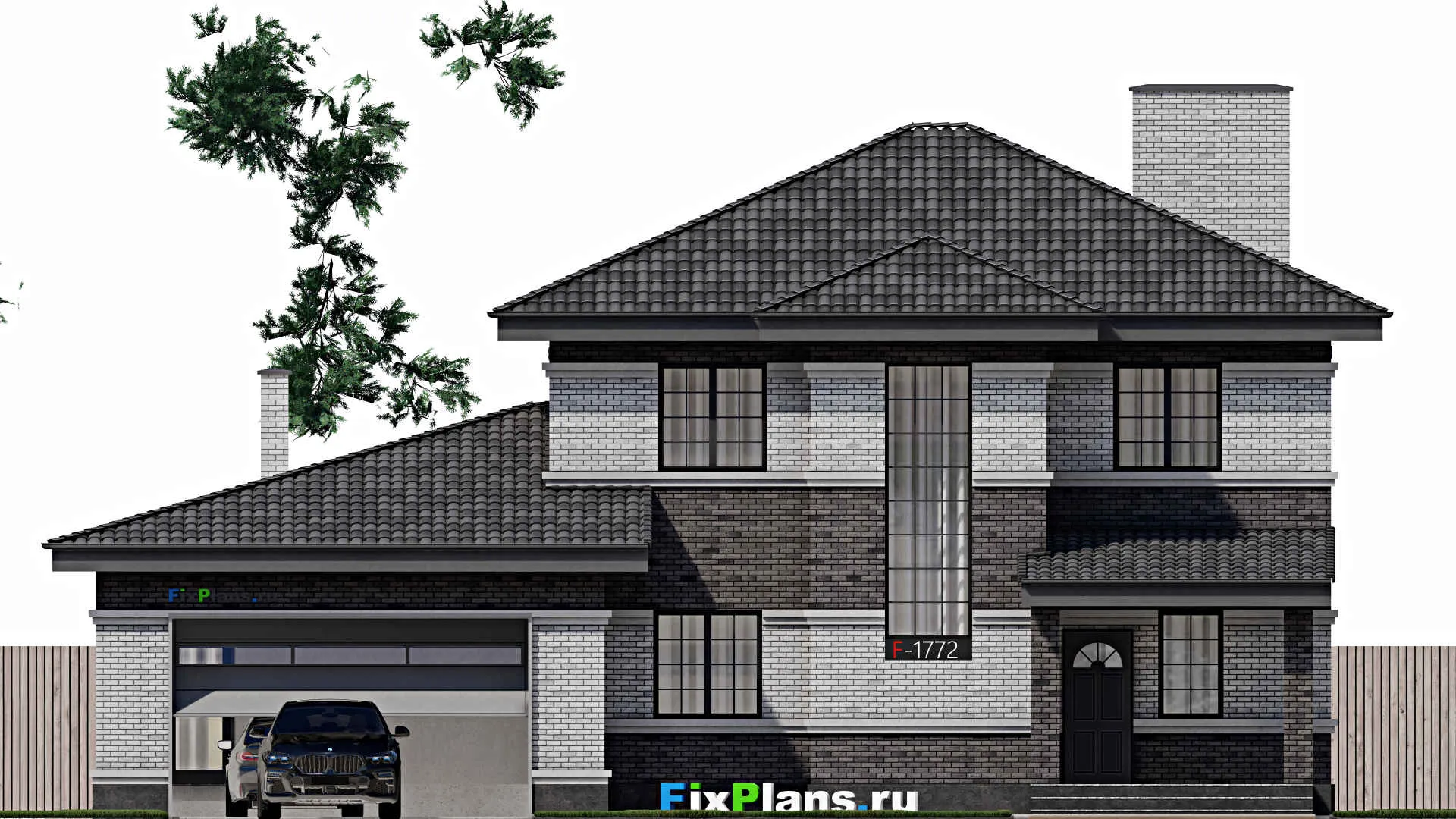 F-1772 - Проект двухэтажного дома 12 на 17, площадью 240 м² с террасой, гаражом на 2 машины и 4 спальнями