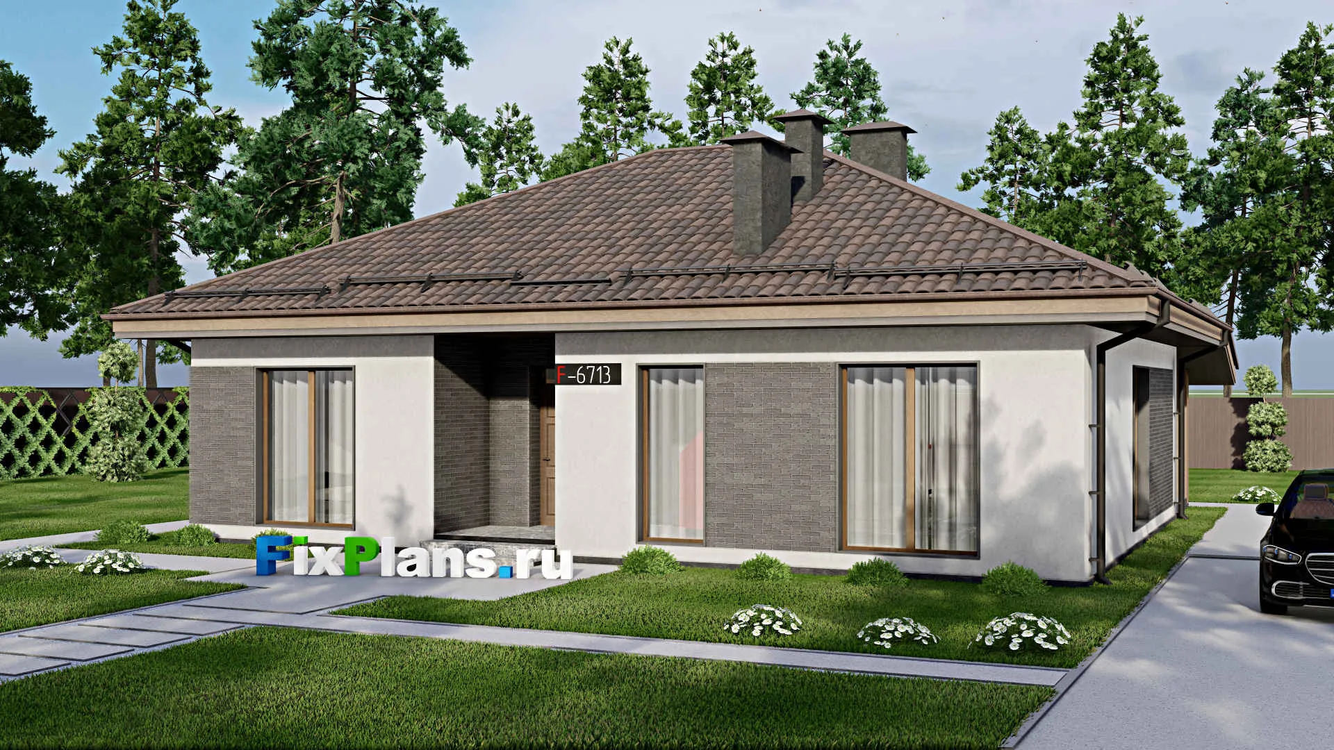 F-6713 - Проект одноэтажного дома 11 на 14, площадью 140 м² с террасой и 3 спальнями