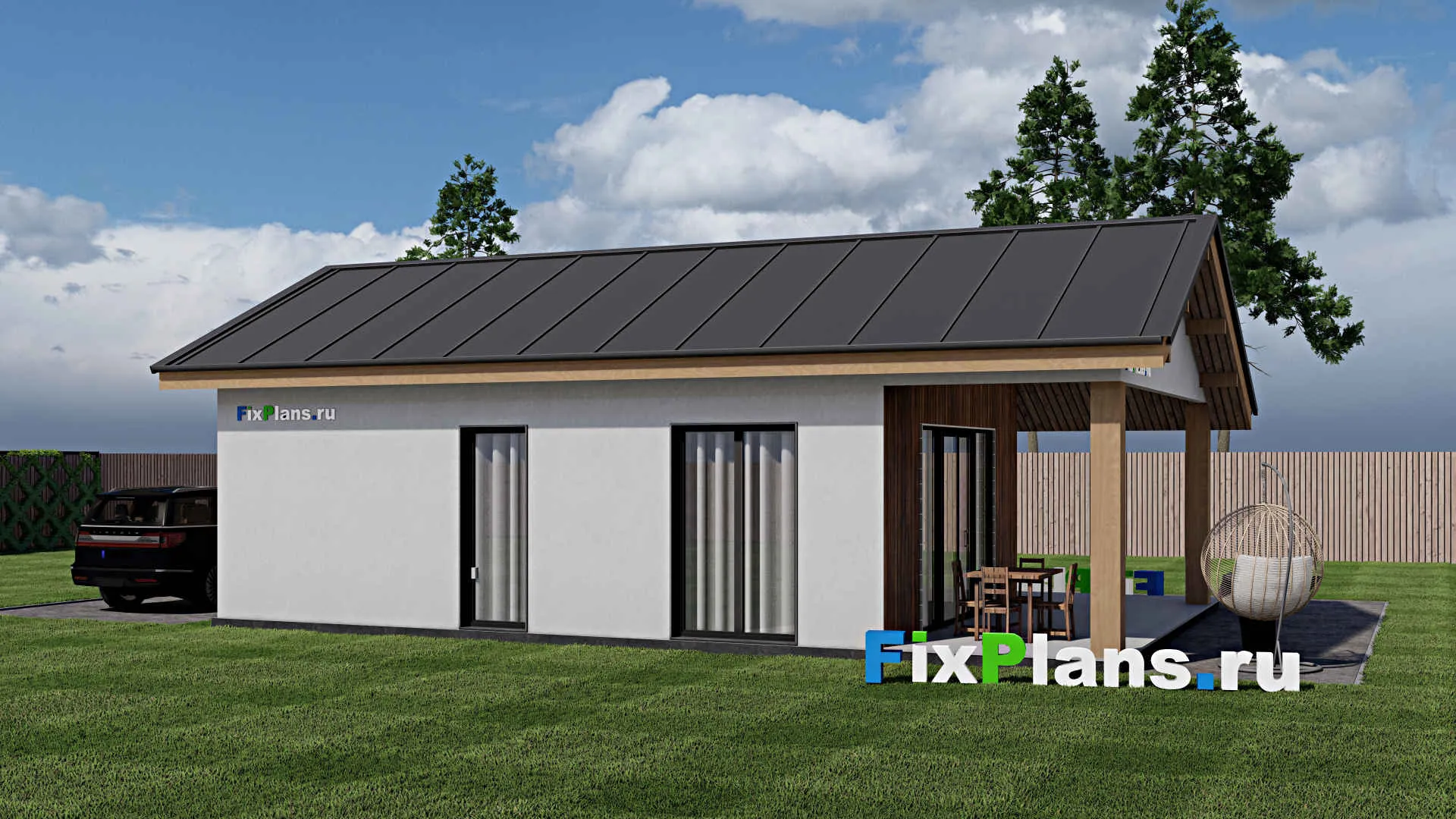 F-1133 - Проект одноэтажного дома 6 на 12, площадью 70 м² с террасой и 2 спальнями