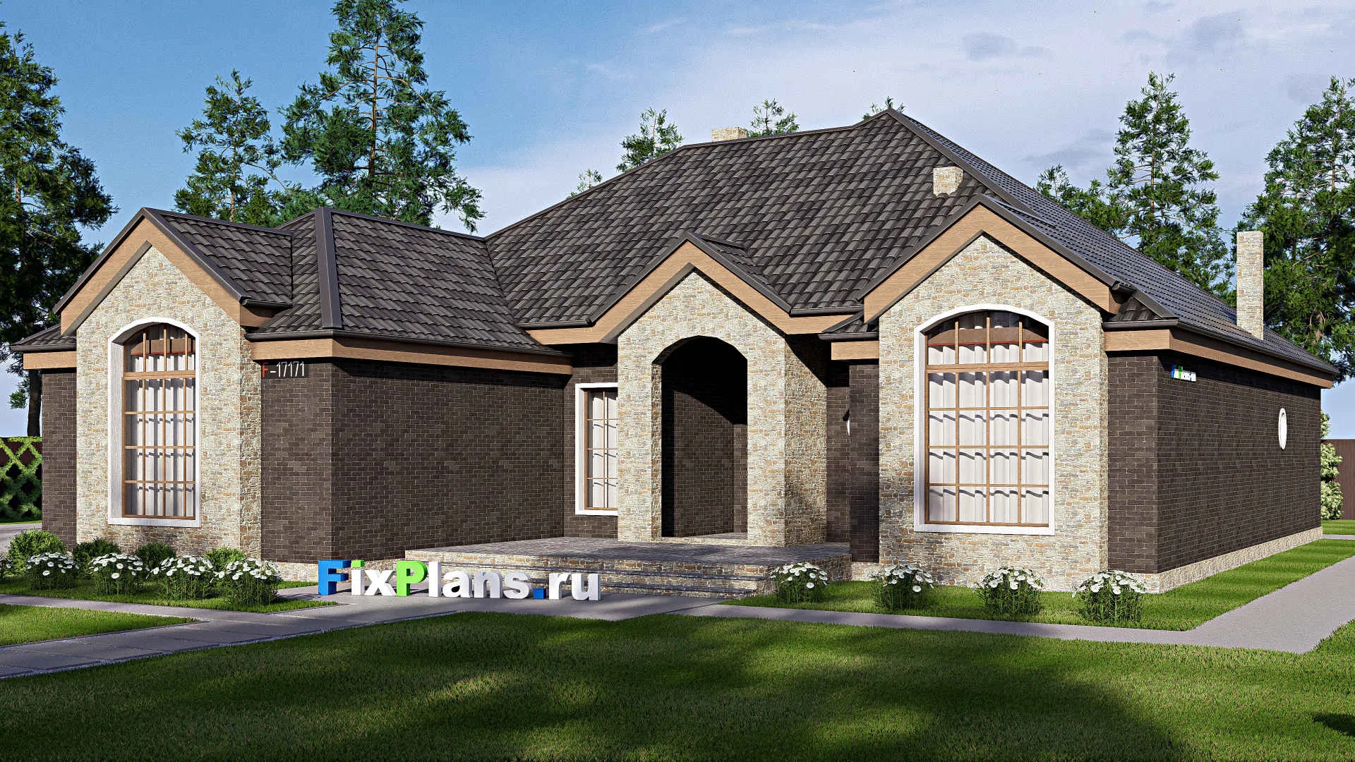 F-17171 - Проект одноэтажного дома 21 на 22, площадью 300 м² с террасой, гаражом на 2 машины и 5 спальнями