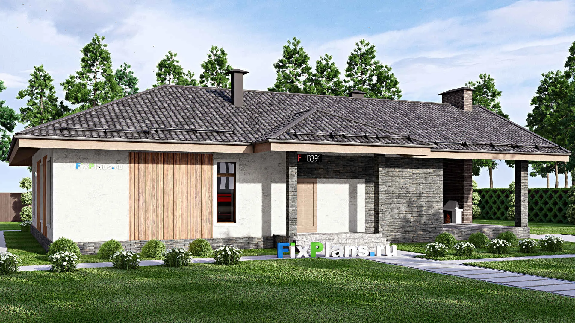 F-13391 - Проект одноэтажного дома 16 на 21, площадью 200 м² с террасой, баней и 3 спальнями