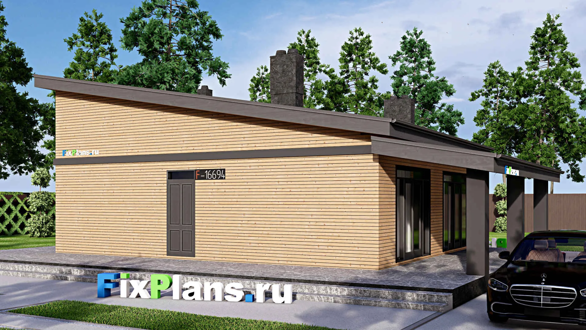 F-16694 - Проект одноэтажного дома 15 на 16, площадью 190 м² с террасой и 2 спальнями