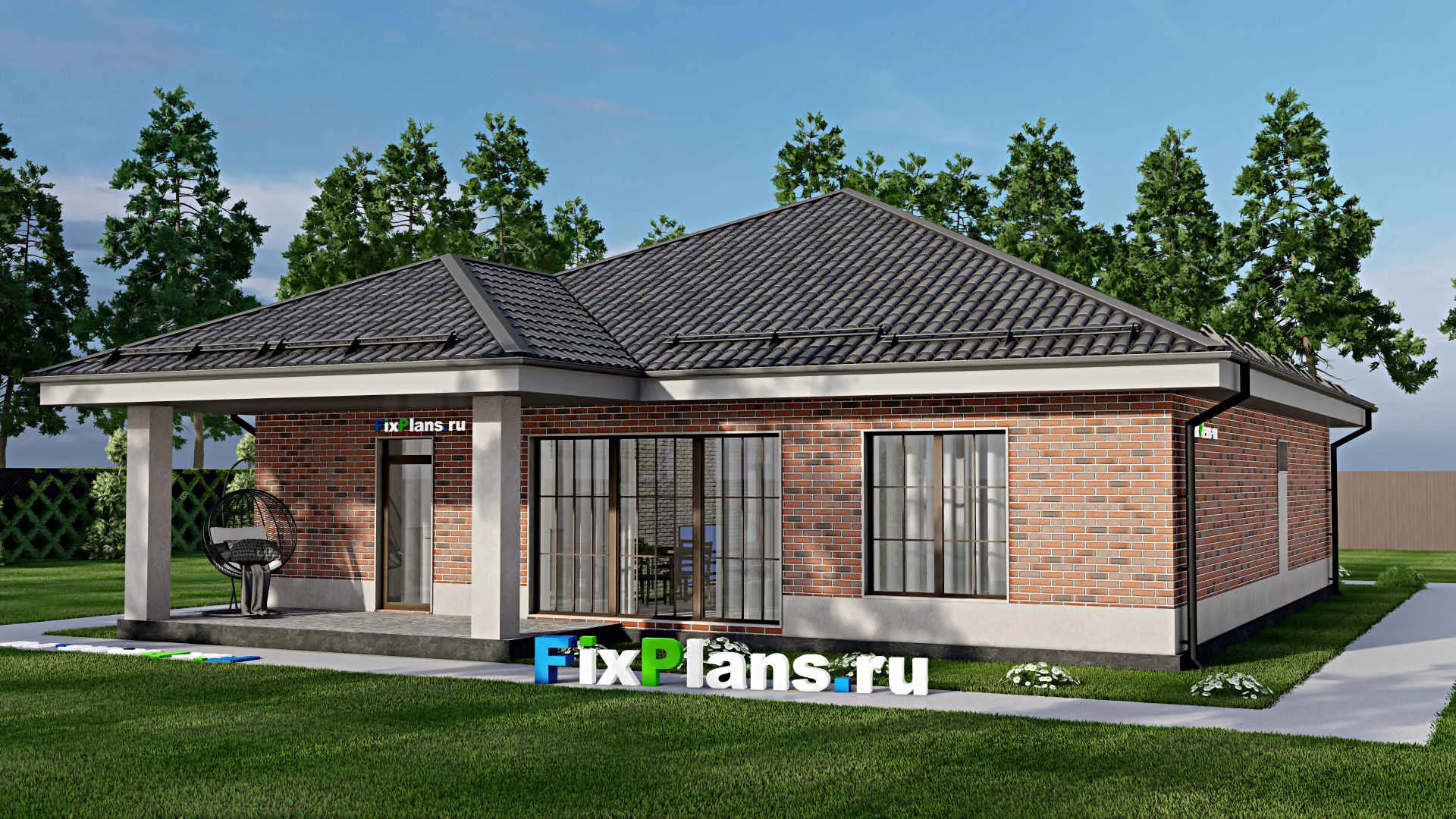 F-5246 - План одноэтажного дома 14 на 19, площадью 170 м² с террасой и 4 спальнями