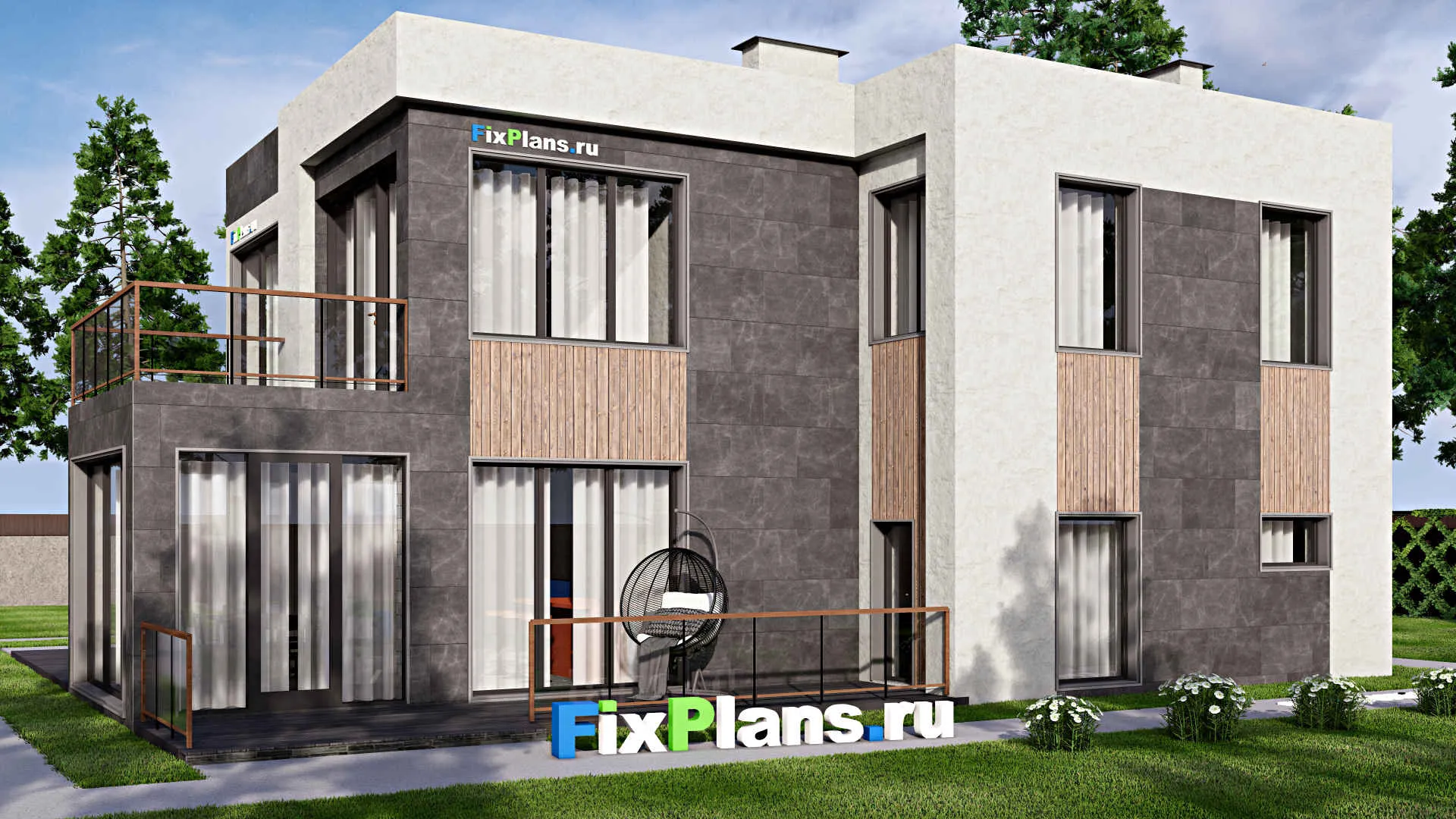 F-12689 - Проект двухэтажного дома 13 на 17, площадью 300 м² с террасой, балконом, баней и 5 спальнями