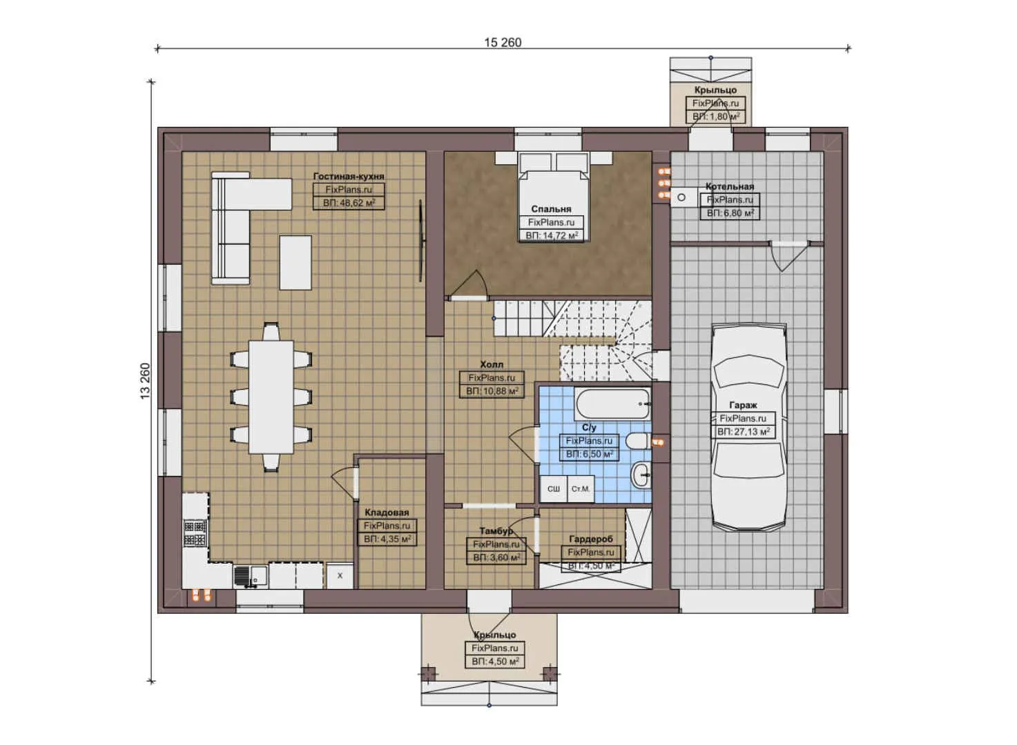 F-9530 - Планы дома с мансардой 14 на 16, площадью 260 м² с балконом, гаражом на 1 машину и 3 спальнями