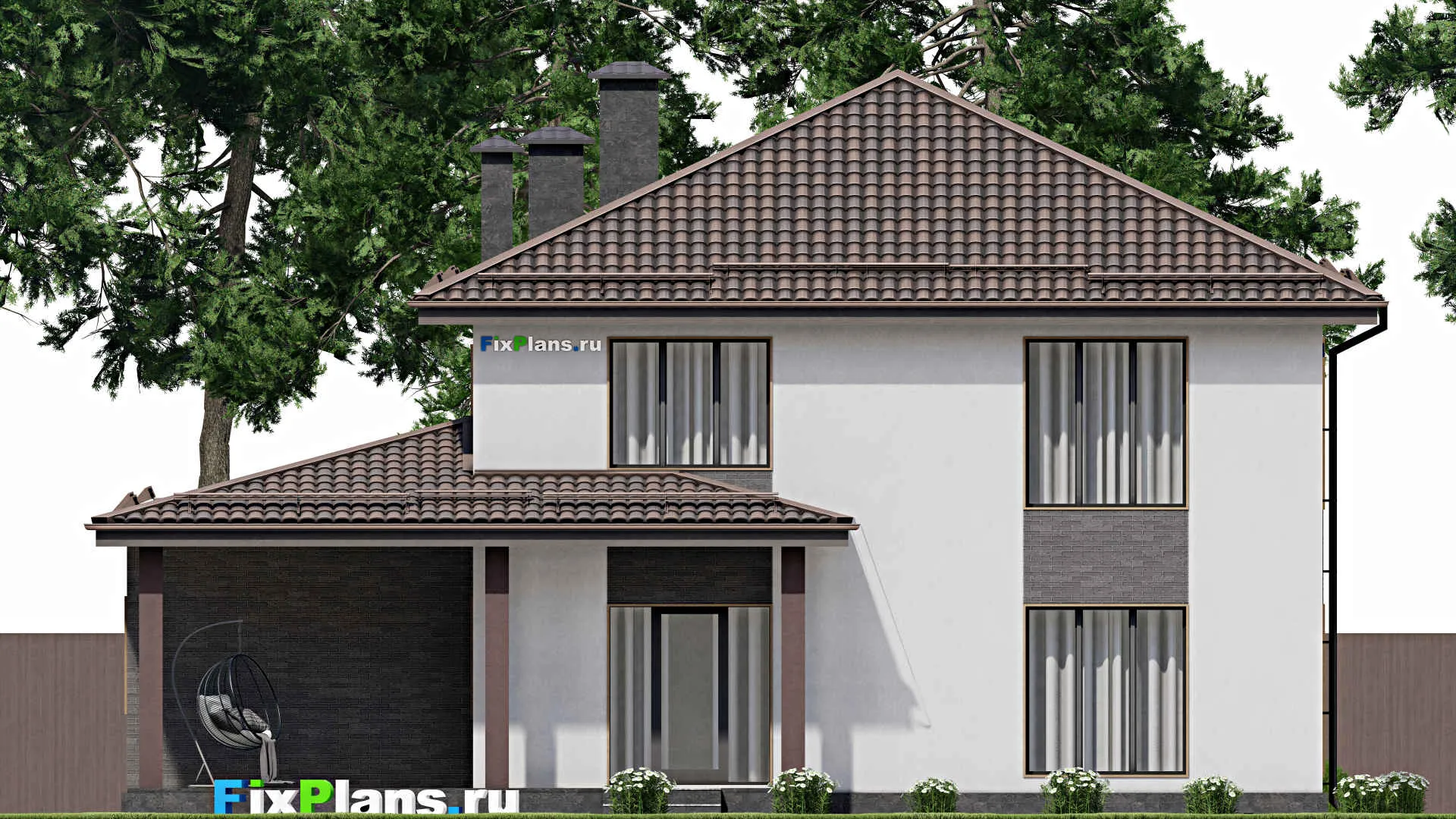 F-8063 - Проект двухэтажного дома 13 на 16, площадью 250 м² с террасой, гаражом на 1 машину и 4 спальнями