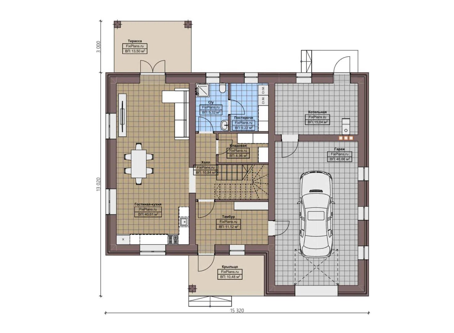 F-2375 - Планы дома с мансардой 14 на 16, площадью 240 м² с террасой, гаражом на 2 машины и 3 спальнями
