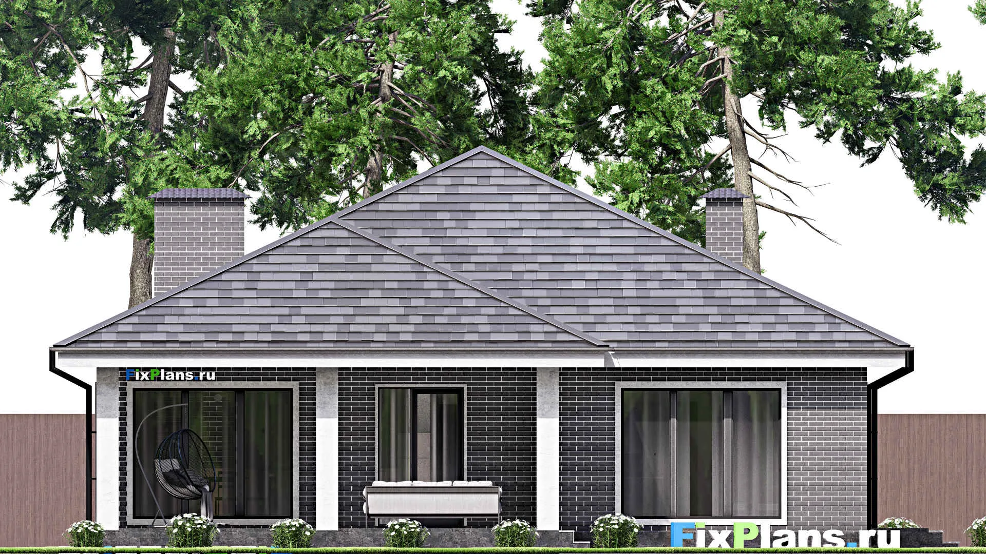 F-13193 - Проект одноэтажного дома 14 на 25, площадью 260 м² с террасой, гаражом на 2 машины и 3 спальнями