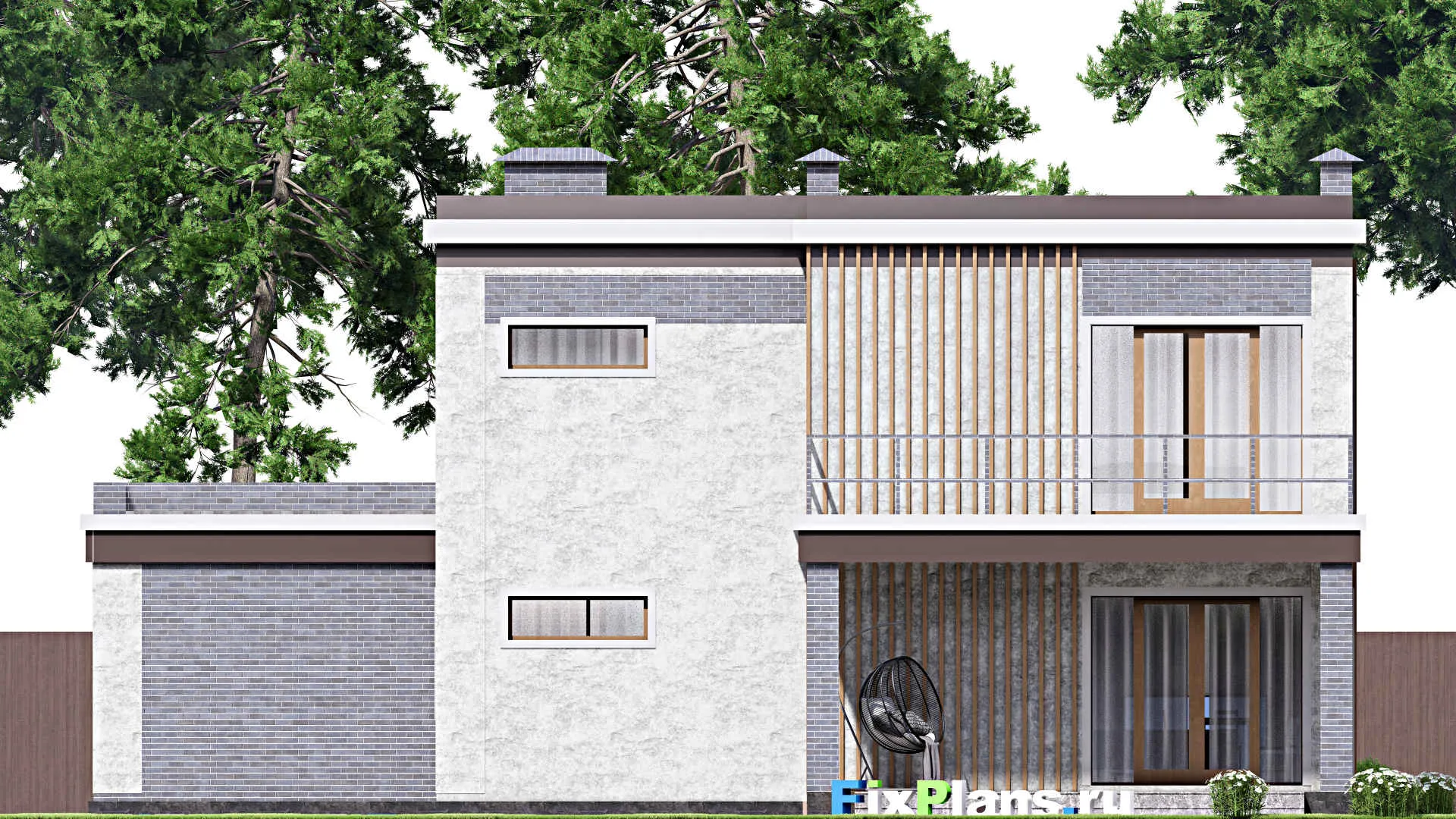 F-13301 - Планы двухэтажного дома 16 на 16, площадью 280 м² с террасой, балконом, гаражом на 2 машины и 4 спальнями