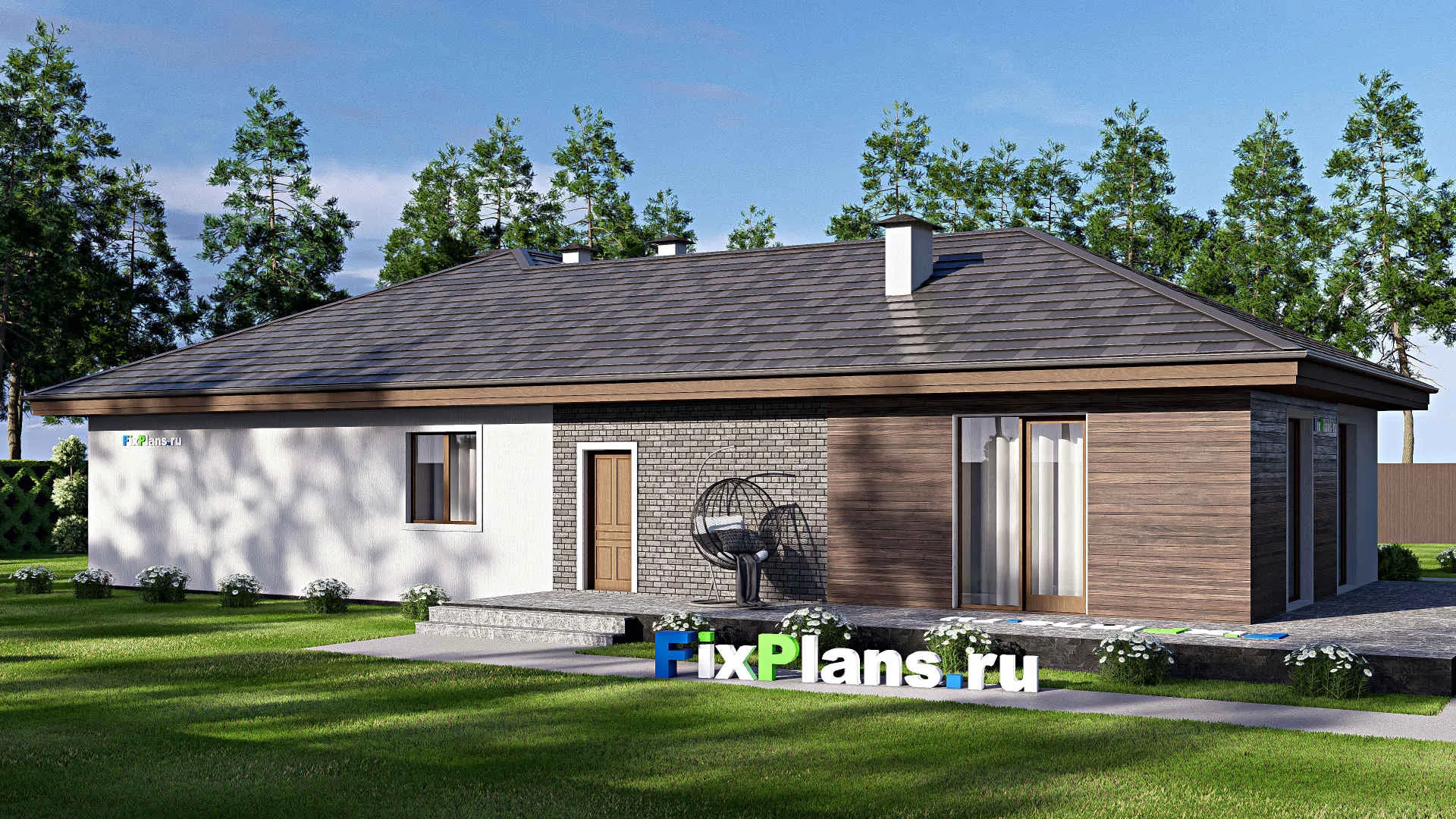 F-17549 - Проект одноэтажного дома 18 на 24, площадью 270 м² с террасой, баней, гаражом на 2 машины и 3 спальнями