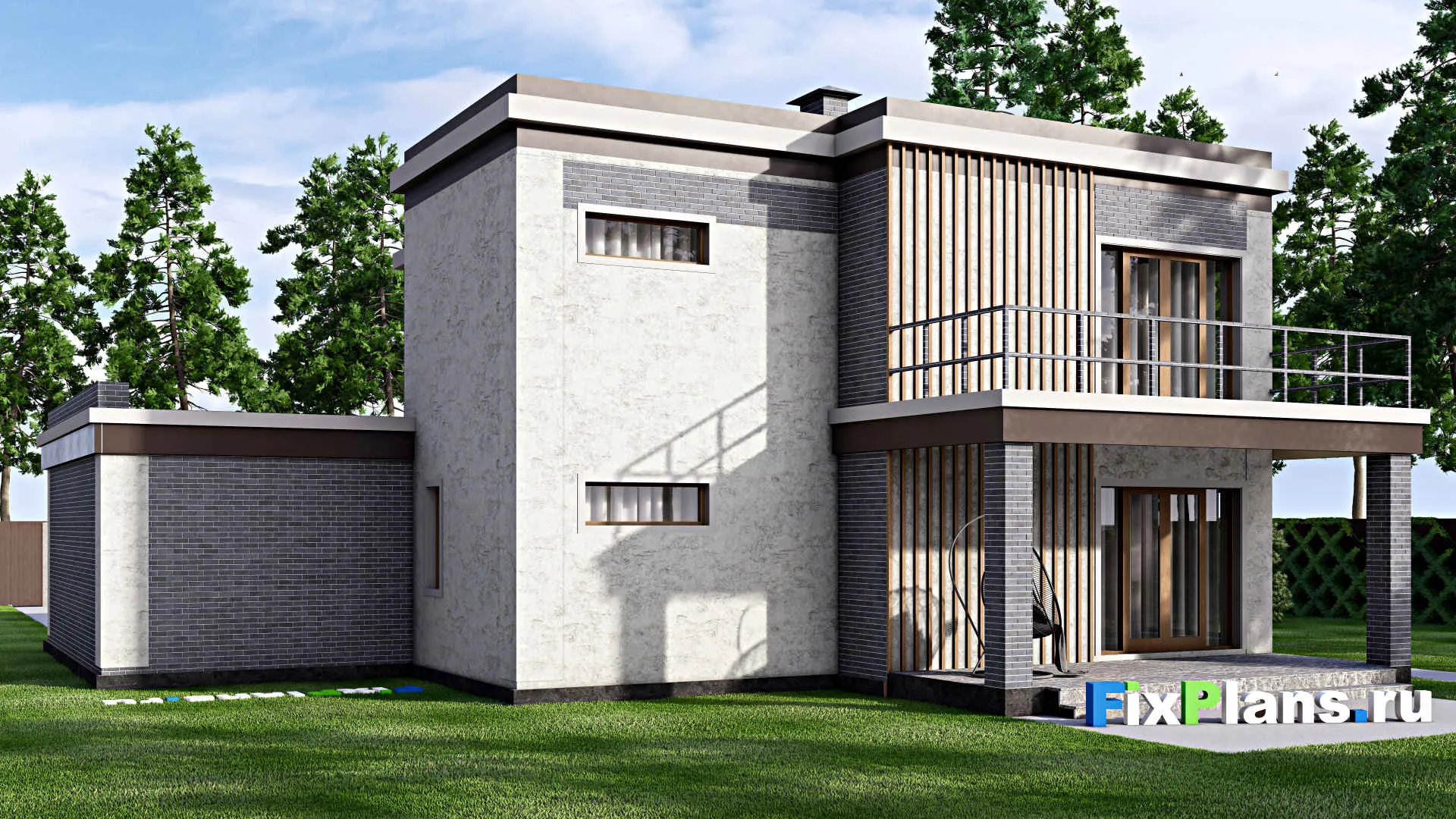 F-13301 - Планы двухэтажного дома 16 на 16, площадью 280 м² с террасой, балконом, гаражом на 2 машины и 4 спальнями