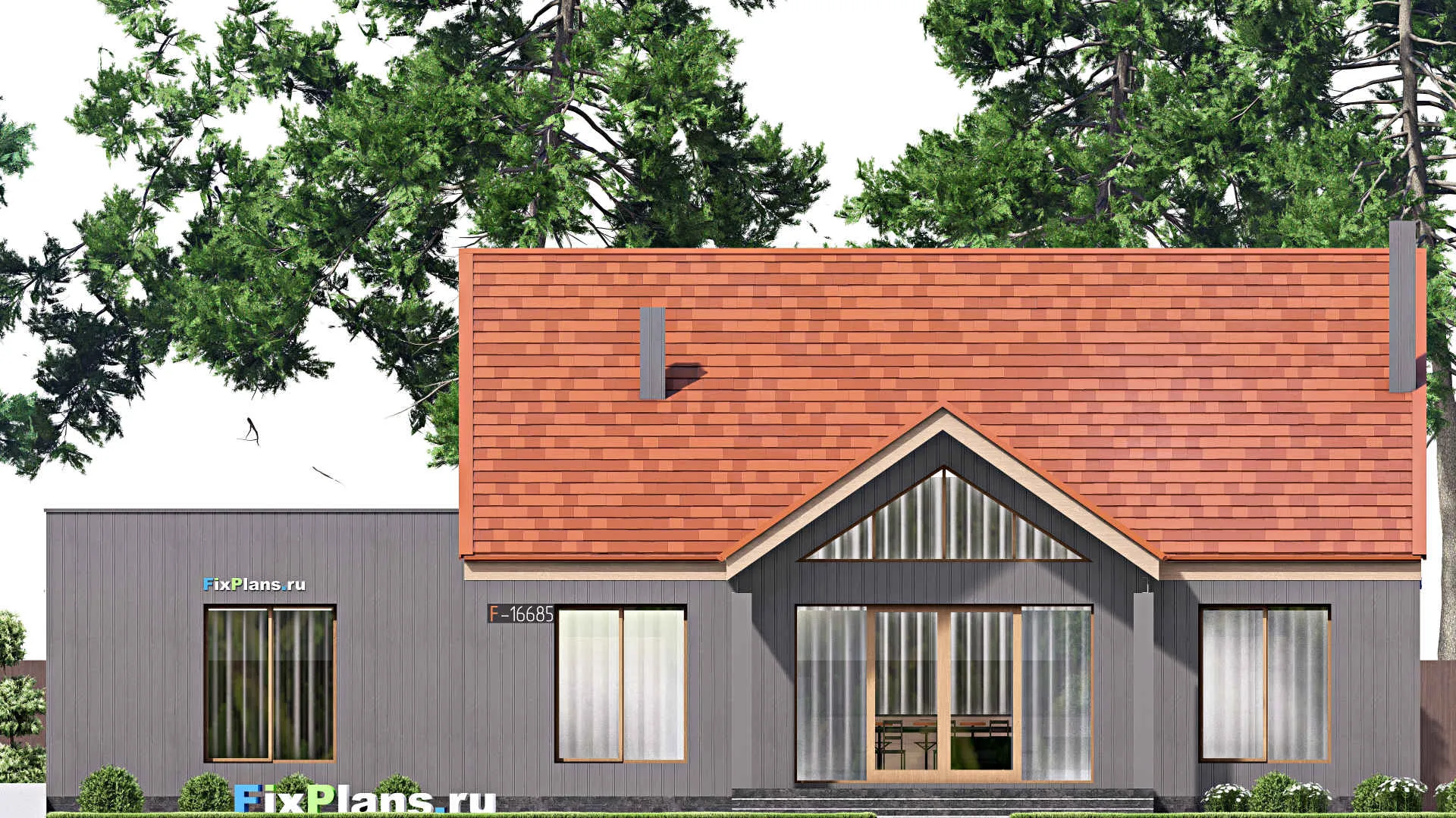 F-16685 - Проект одноэтажного дома 19 на 21, площадью 260 м² с террасой, гаражом на 2 машины и 3 спальнями