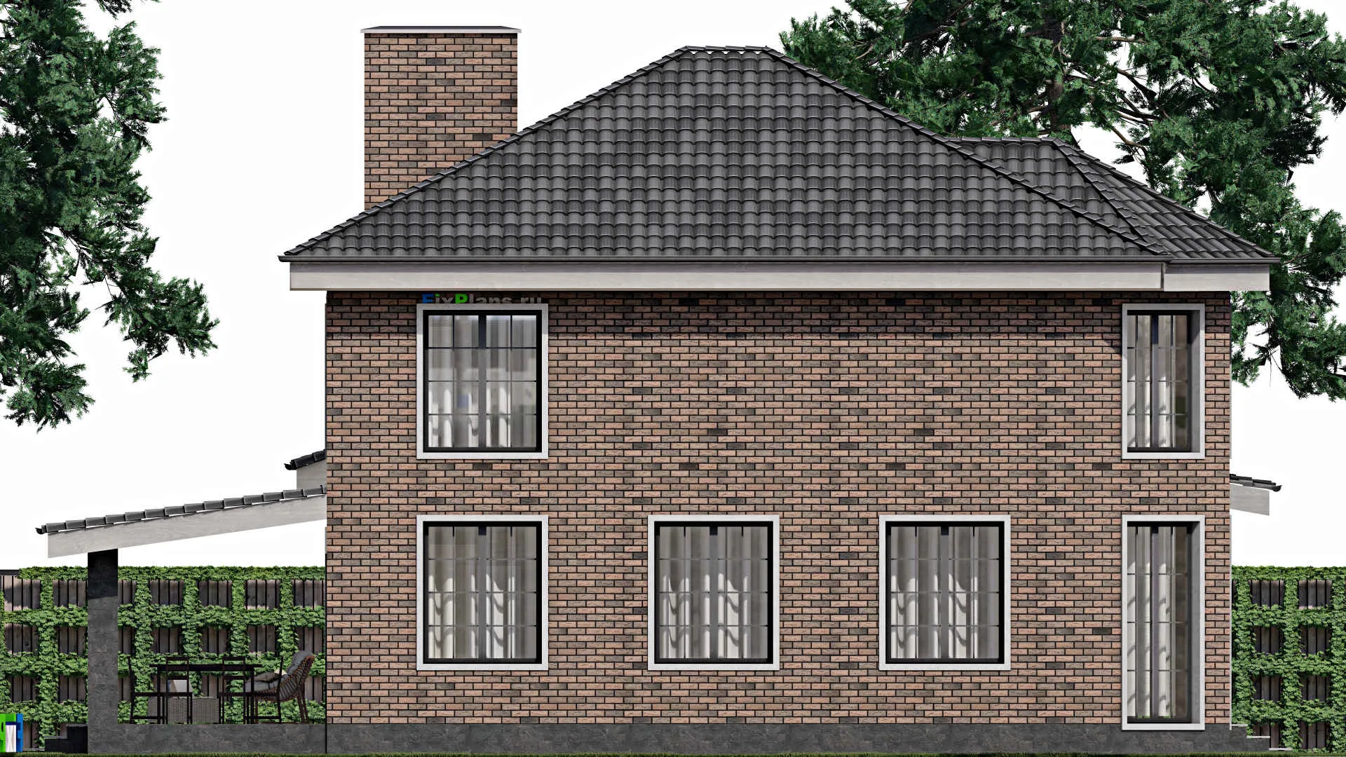 F-1475 - Проект двухэтажного дома 12 на 17, площадью 280 м² с террасой, гаражом на 2 машины и 3 спальнями