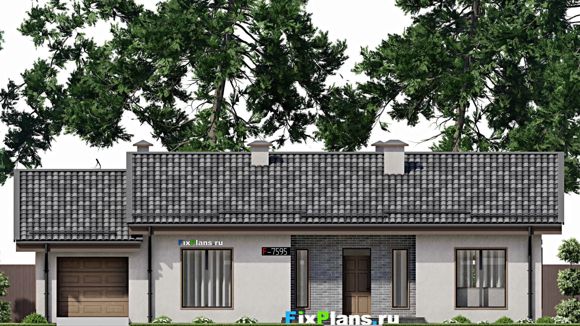 F-7595 - Проект одноэтажного дома 10 на 15, площадью 160 м² с террасой, гаражом на 1 машину и 3 спальнями