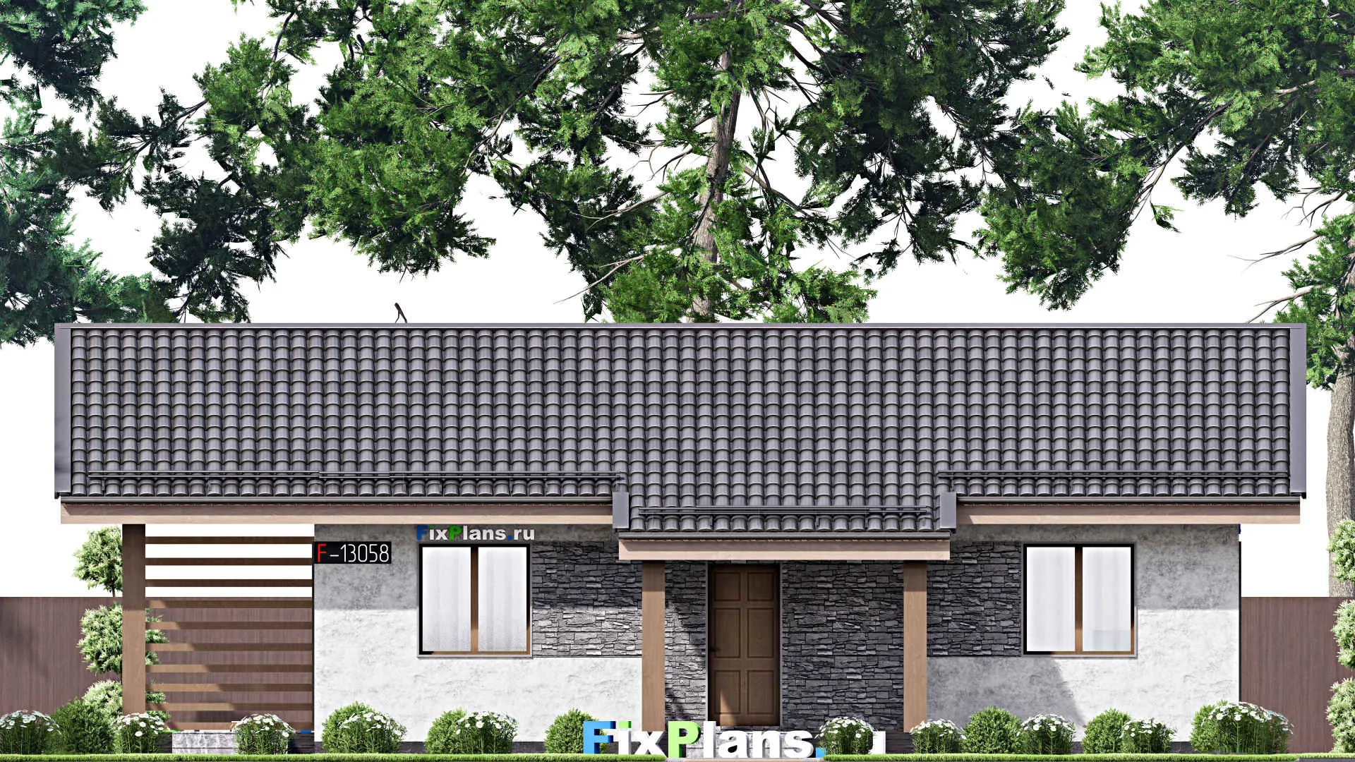 F-13058 - Проект одноэтажного дома 10 на 15, площадью 100 м² с террасой, баней и 2 спальнями