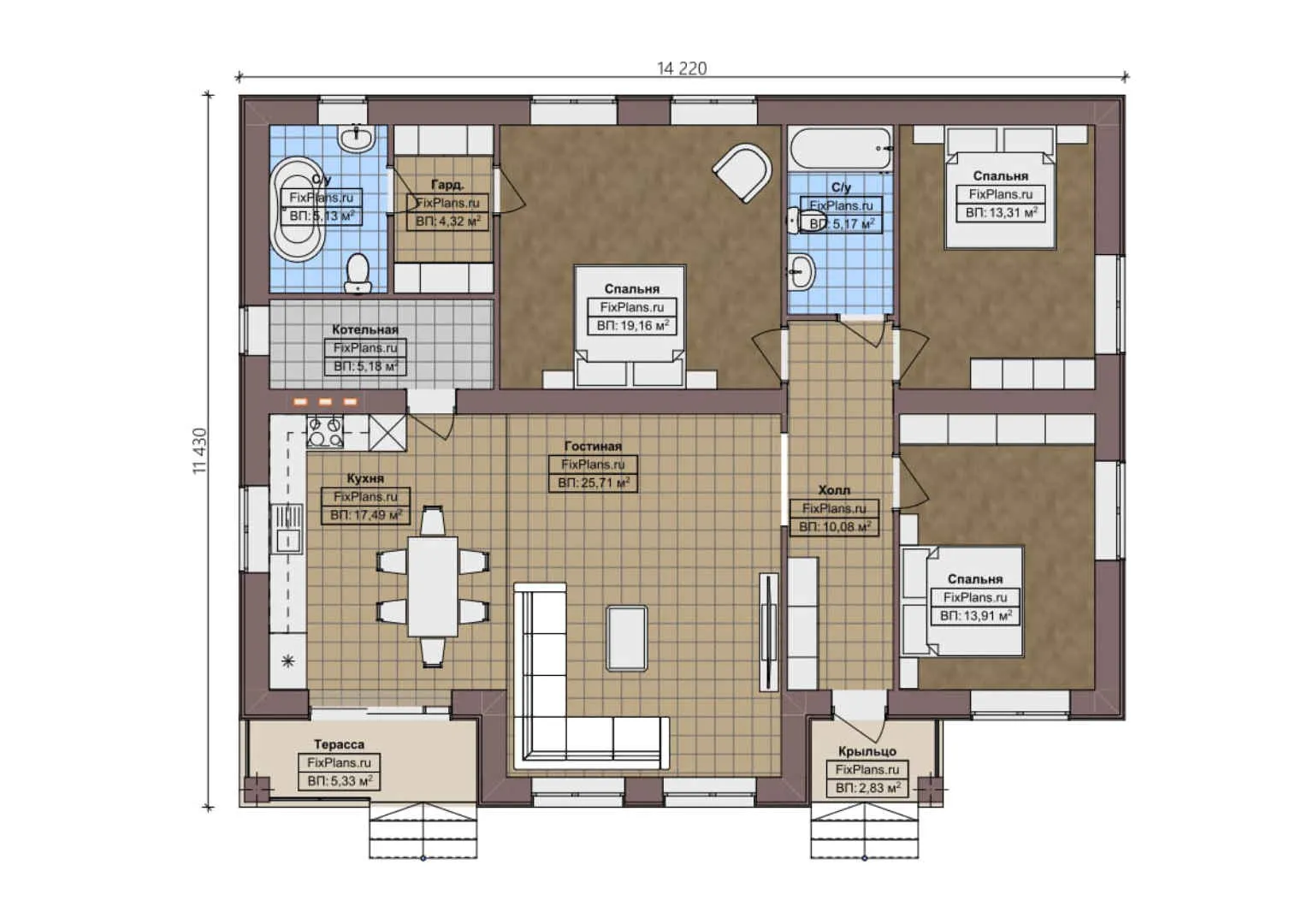 F-0872 - План одноэтажного дома 12 на 15, площадью 130 м² с террасой и 3 спальнями