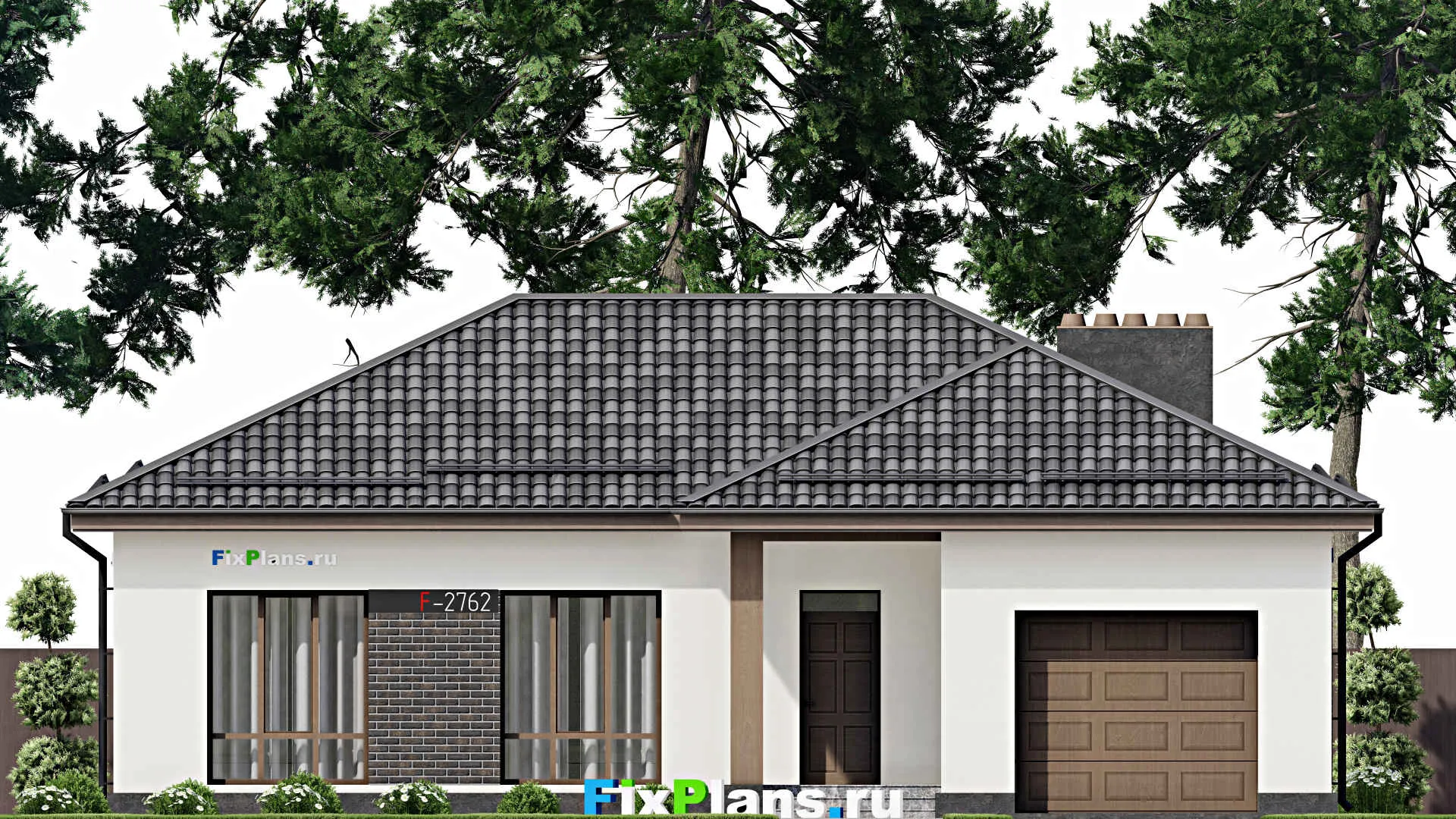F-2762 - Проект одноэтажного дома 14 на 16, площадью 140 м² с террасой, гаражом на 1 машину и 3 спальнями