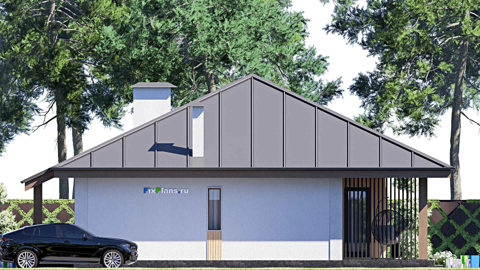 F-17585 - Проект одноэтажного дома 13 на 14, площадью 130 м² с террасой и 3 спальнями