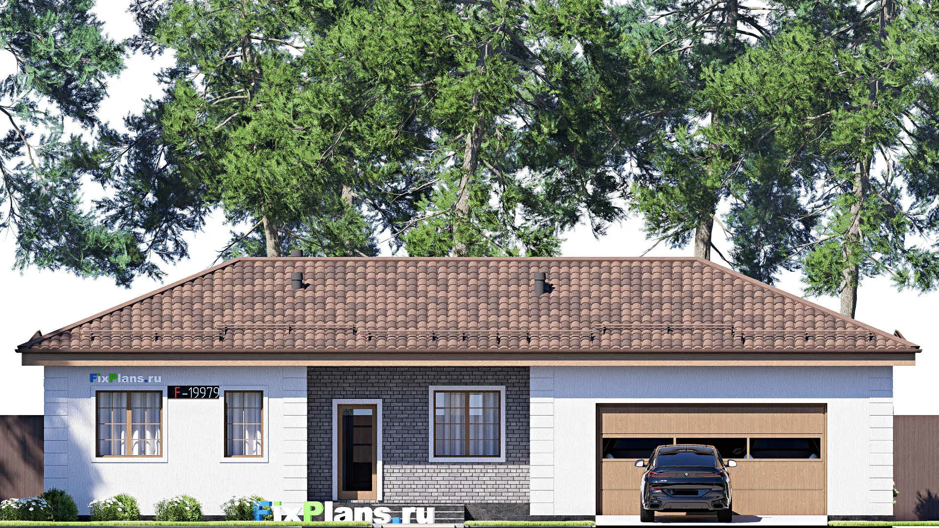 F-19979 - Проект одноэтажного дома 12 на 19, площадью 150 м² с террасой, гаражом на 2 машины и 2 спальнями