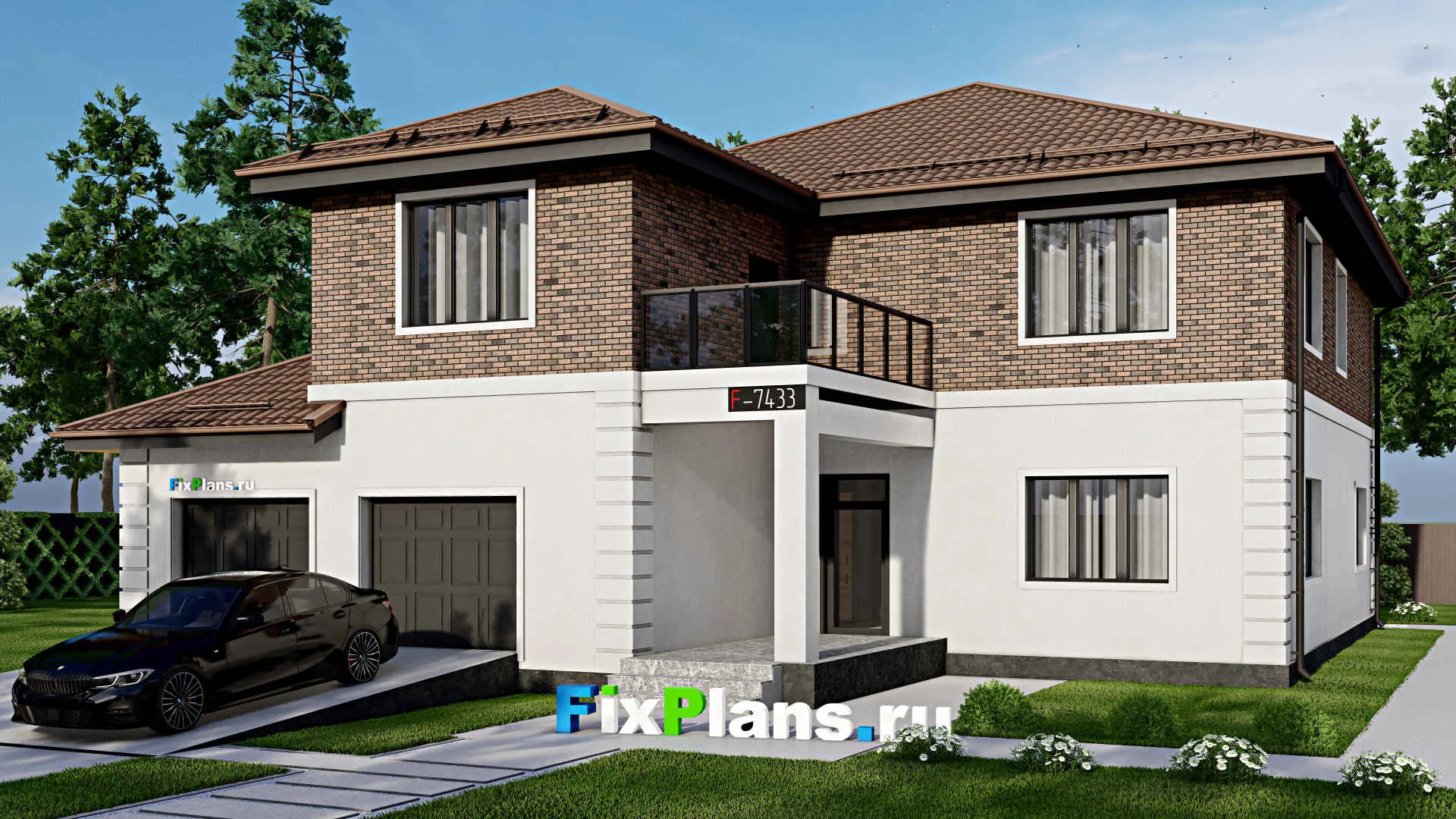 F-7433 - Проект двухэтажного дома 16 на 19, площадью 340 м² с террасой, гаражом на 2 машины и 5 спальнями