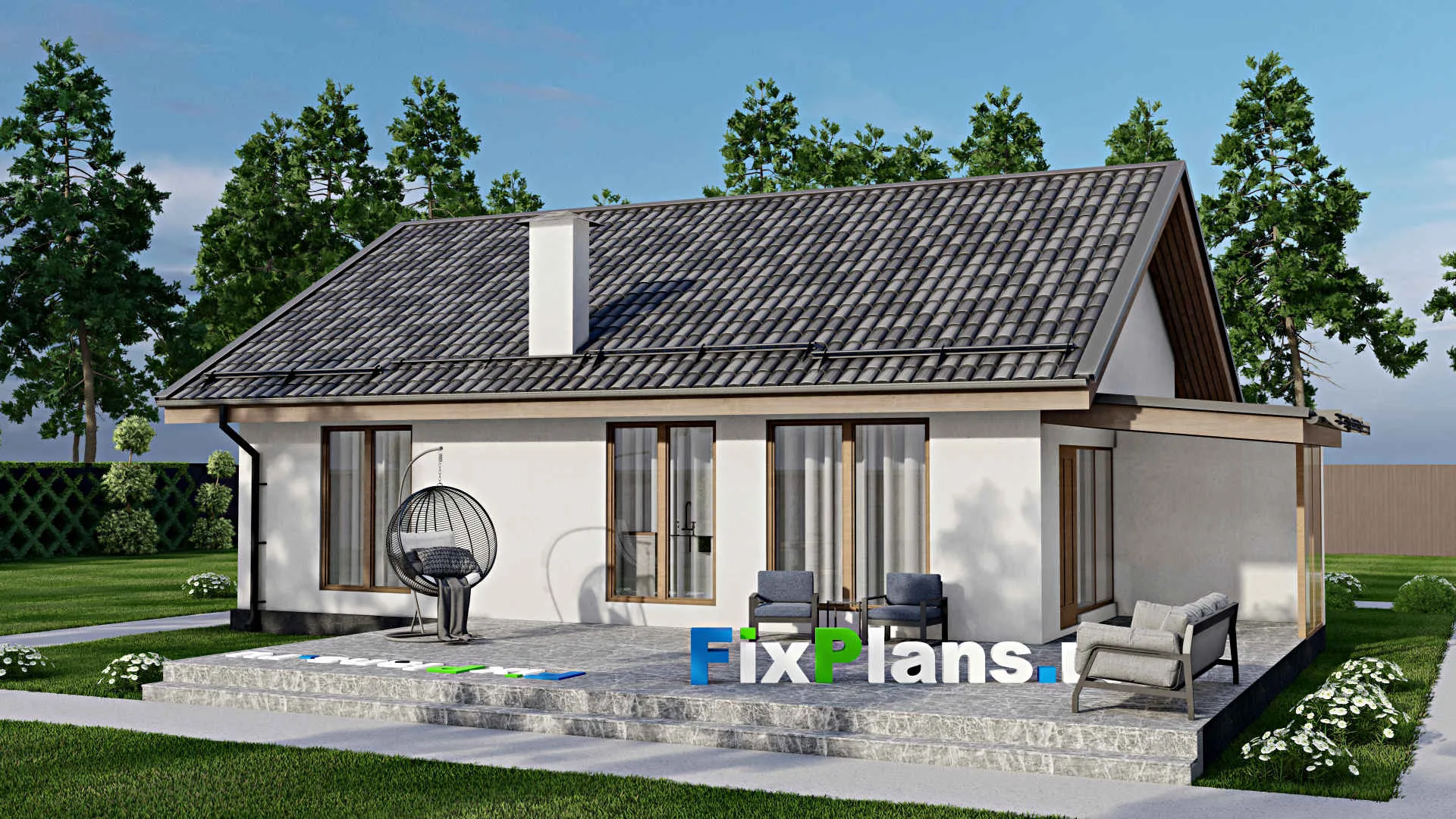 F-10988 - Проект одноэтажного дома 14 на 15, площадью 150 м² с террасой и 2 спальнями