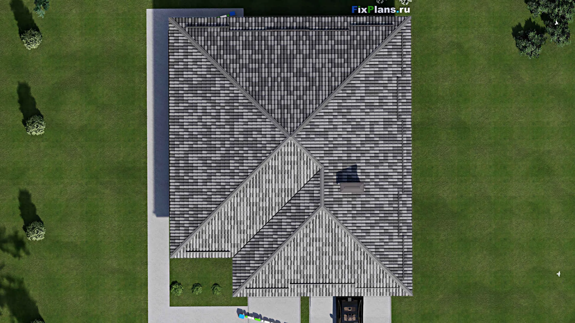 F-6344 - Проект одноэтажного дома 16 на 18, площадью 210 м² с террасой, гаражом на 2 машины и 3 спальнями