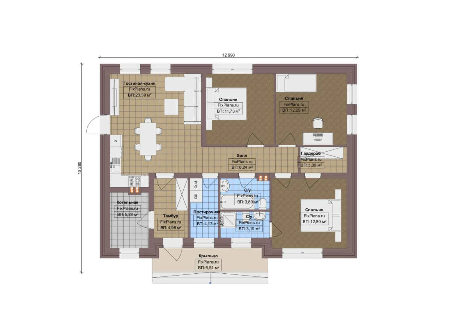 F-13787 - План одноэтажного дома 11 на 13, площадью 100 м² с 3 спальнями