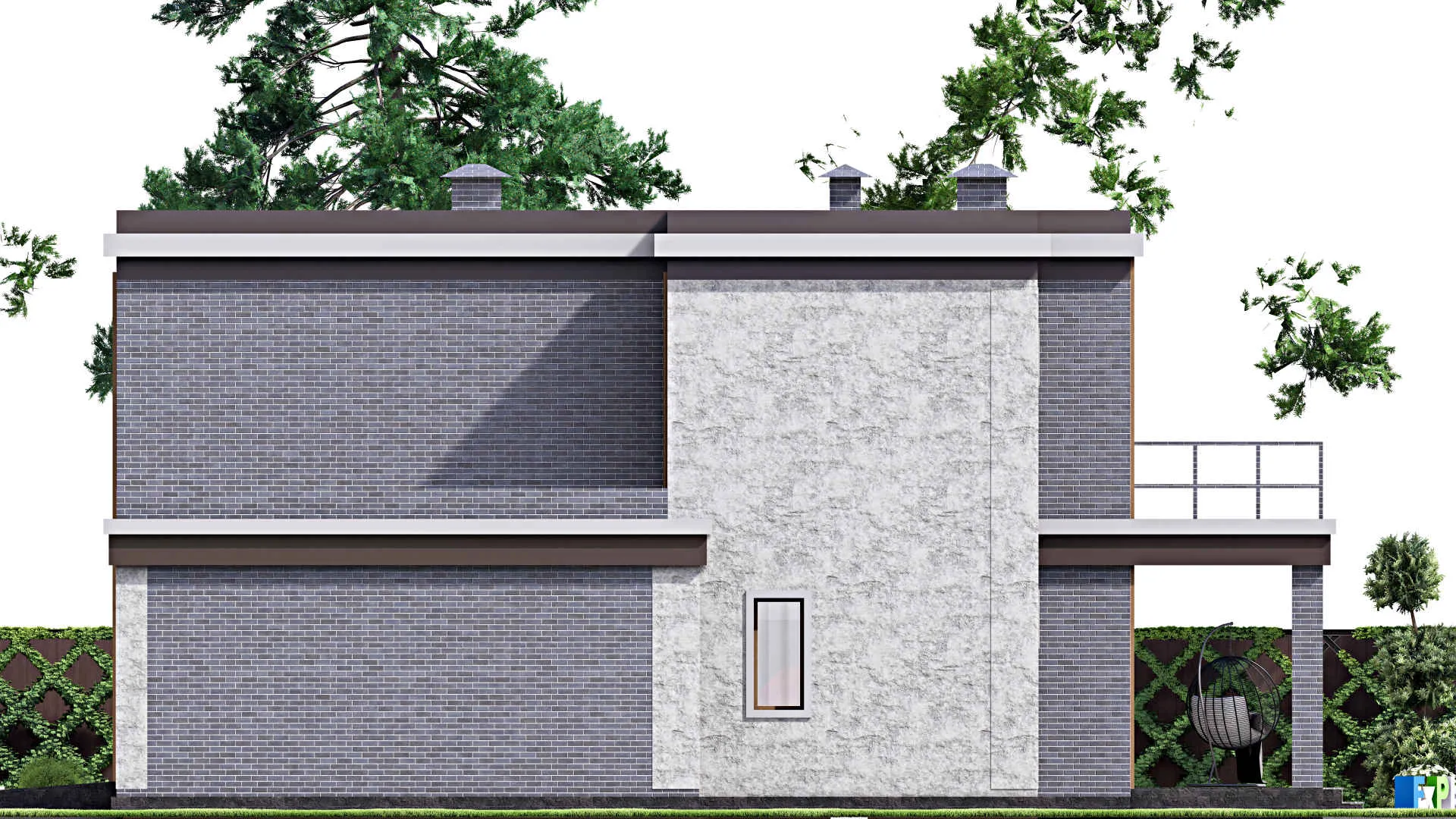 F-13301 - Планы двухэтажного дома 16 на 16, площадью 280 м² с террасой, балконом, гаражом на 2 машины и 4 спальнями