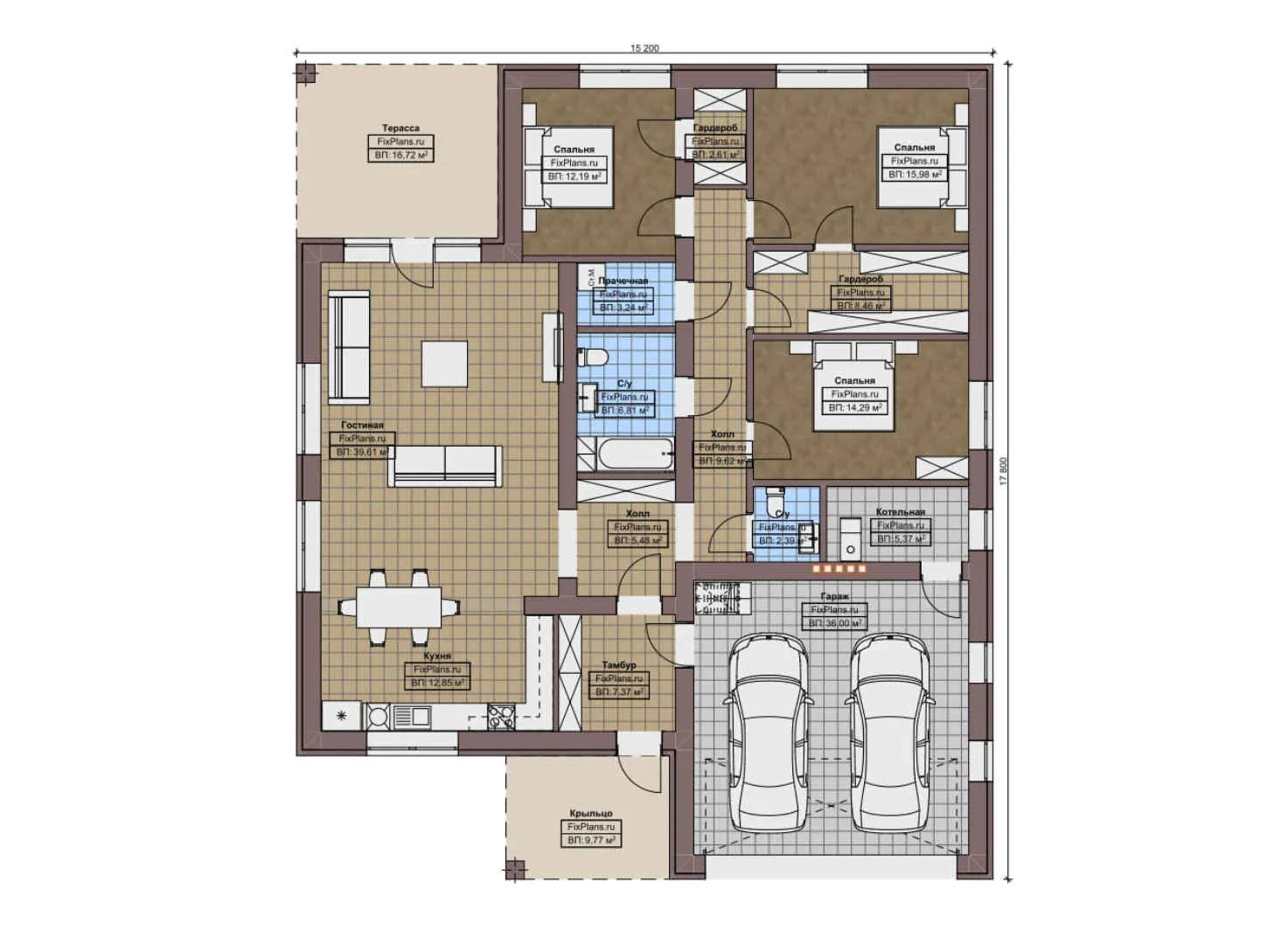 F-6344 - План одноэтажного дома 16 на 18, площадью 210 м² с террасой, гаражом на 2 машины и 3 спальнями