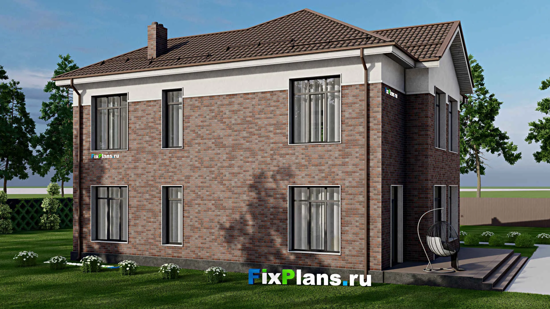 F-2537 - Проект двухэтажного дома 14 на 15, площадью 300 м² с террасой, гаражом на 1 машину и 5 спальнями