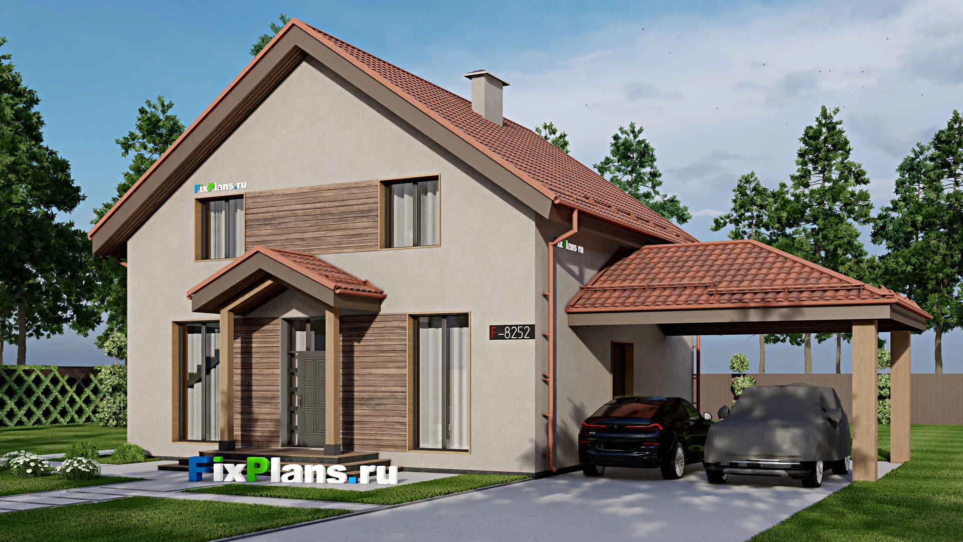 F-8252 - Проект дома с мансардой 11 на 11, площадью 250 м² с террасой, навесом для машины и 5 спальнями