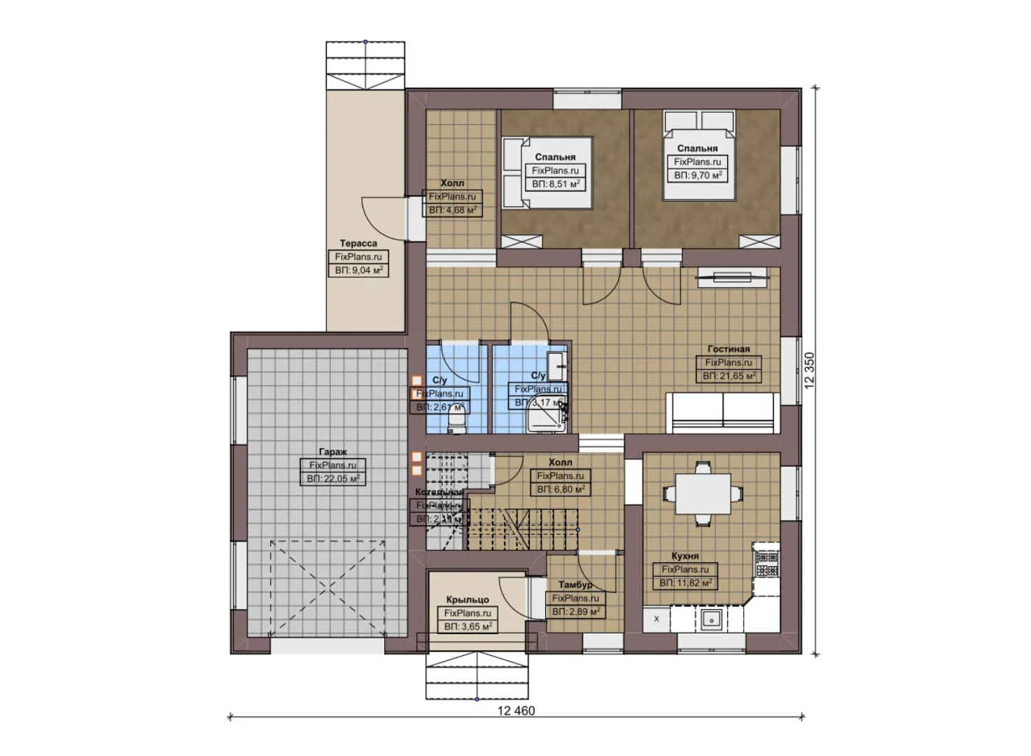 F-6650 - Планы дома с мансардой 13 на 13, площадью 160 м² с террасой, гаражом на 1 машину и 4 спальнями