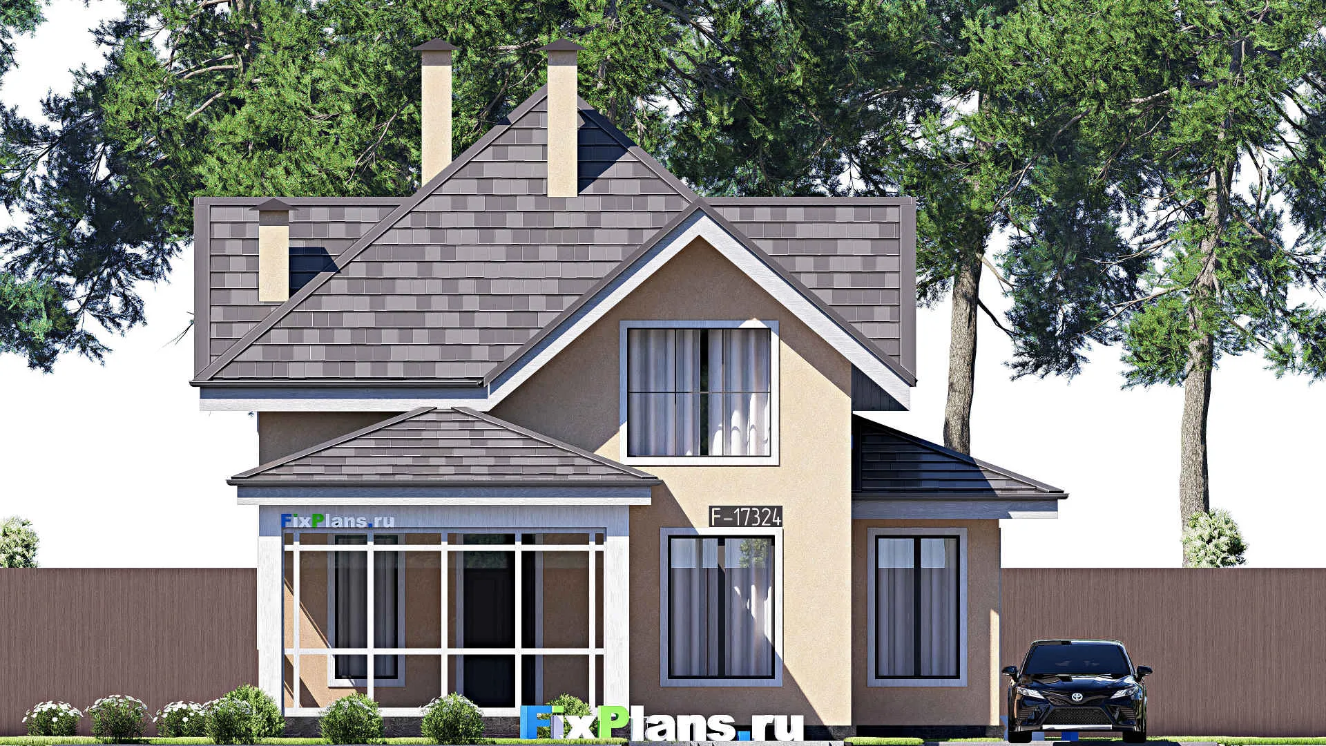 F-17324 - Планы дома с мансардой 11 на 14, площадью 140 м² с террасой и 4 спальнями